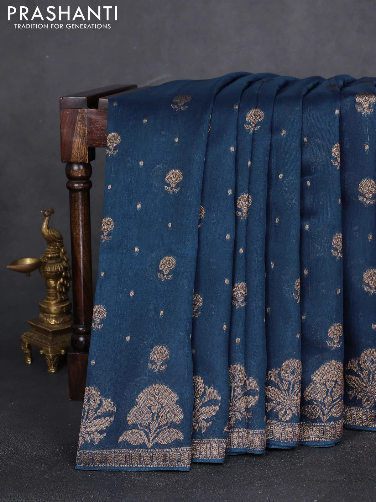 Banarasi raw silk saree peacock blue with thread & zari woven buttas and floral design woven border
