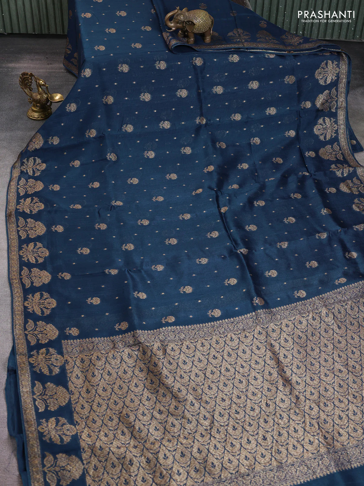 Banarasi raw silk saree peacock blue with thread & zari woven buttas and floral design woven border - Image 2