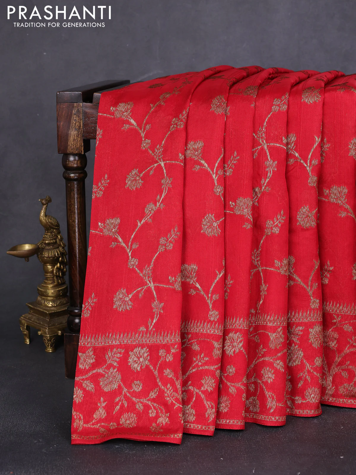 Banarasi raw silk saree red with allover thread & zari weaves and long woven border
