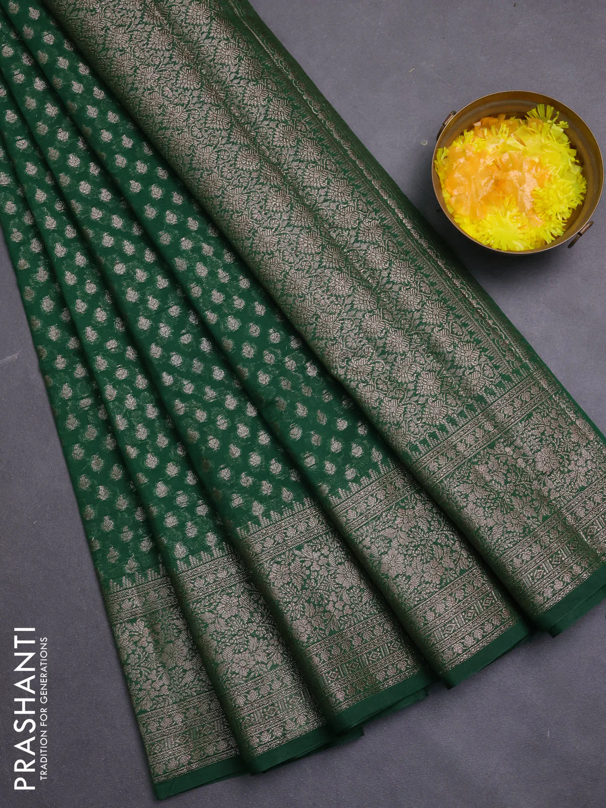 Banarasi semi chiniya saree green with allover thread & zari woven buttas and woven border