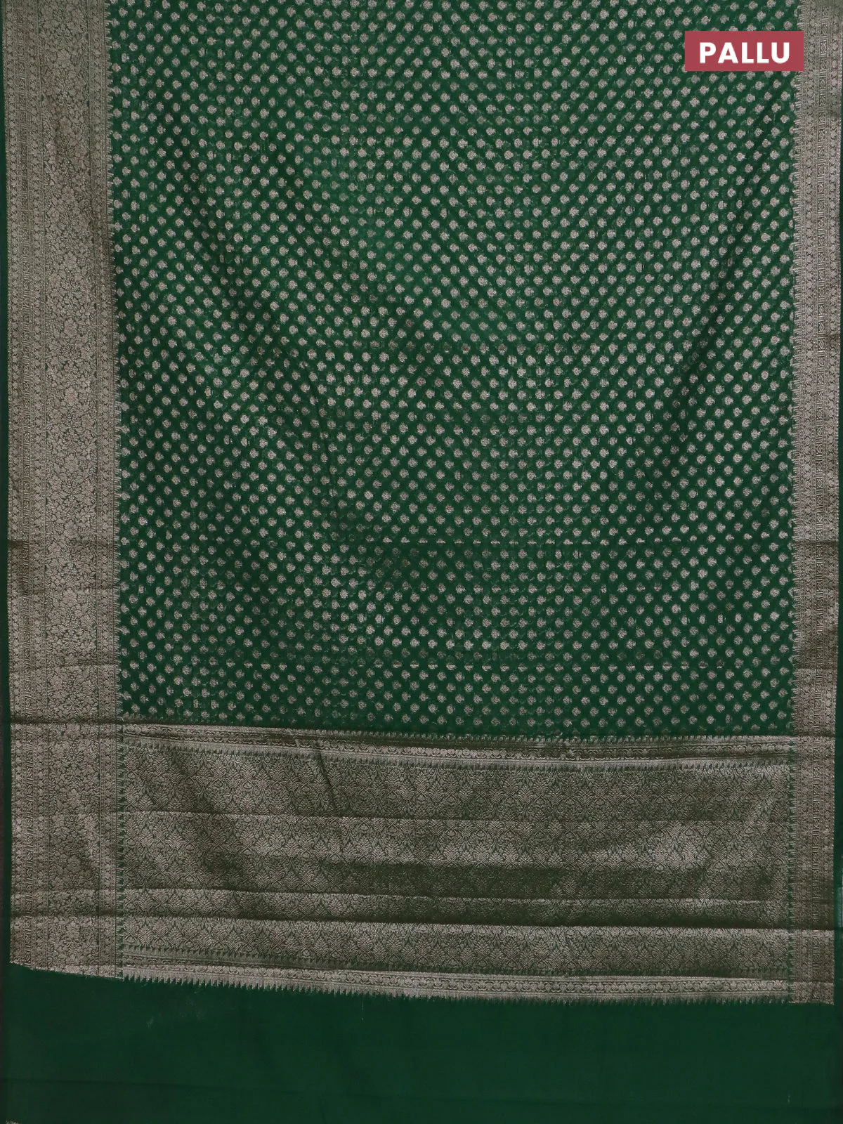 Banarasi semi chiniya saree green with allover thread & zari woven buttas and woven border - Image 3