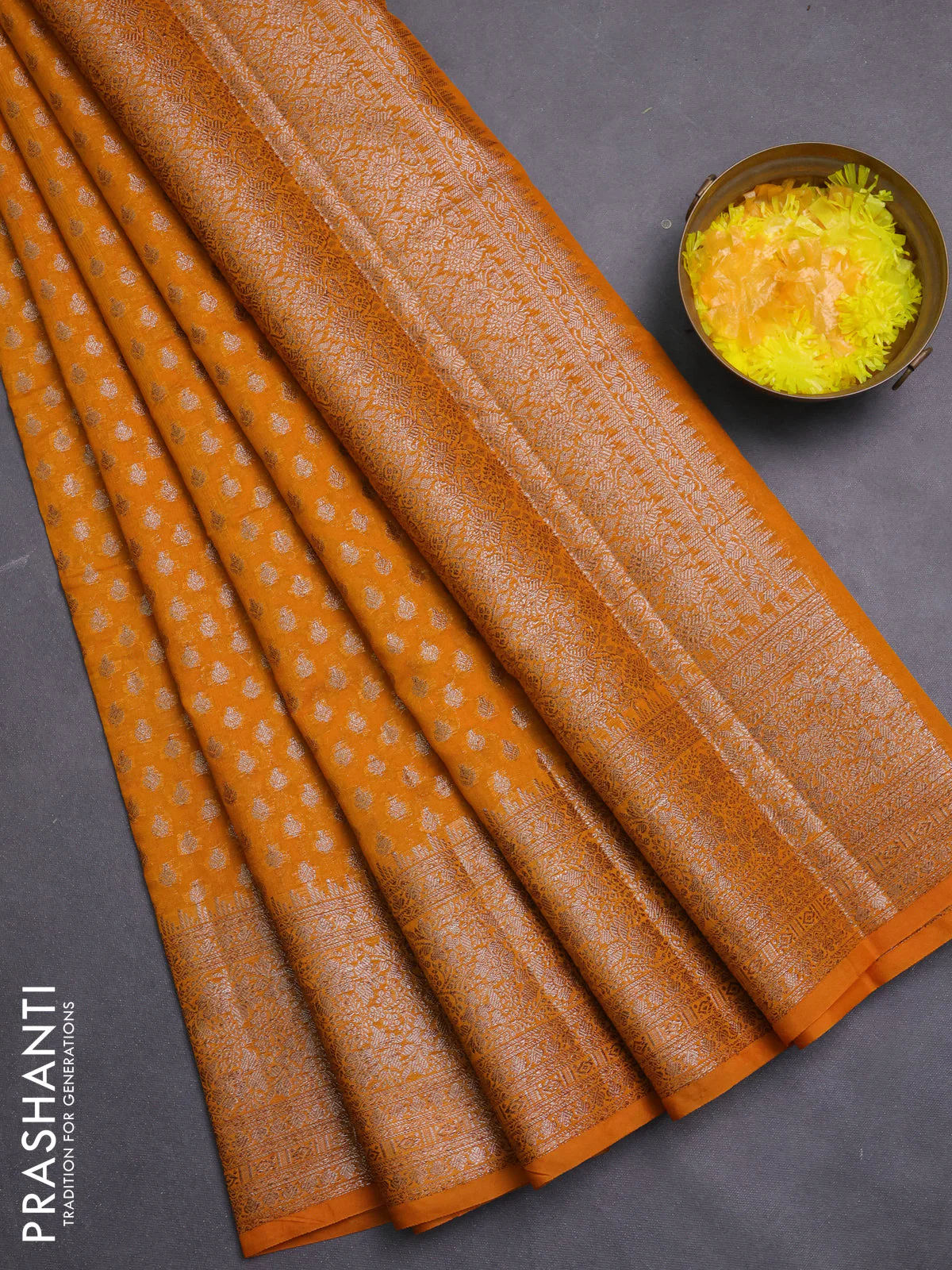 Banarasi semi chiniya saree mustard yellow with allover thread & zari woven buttas and woven border