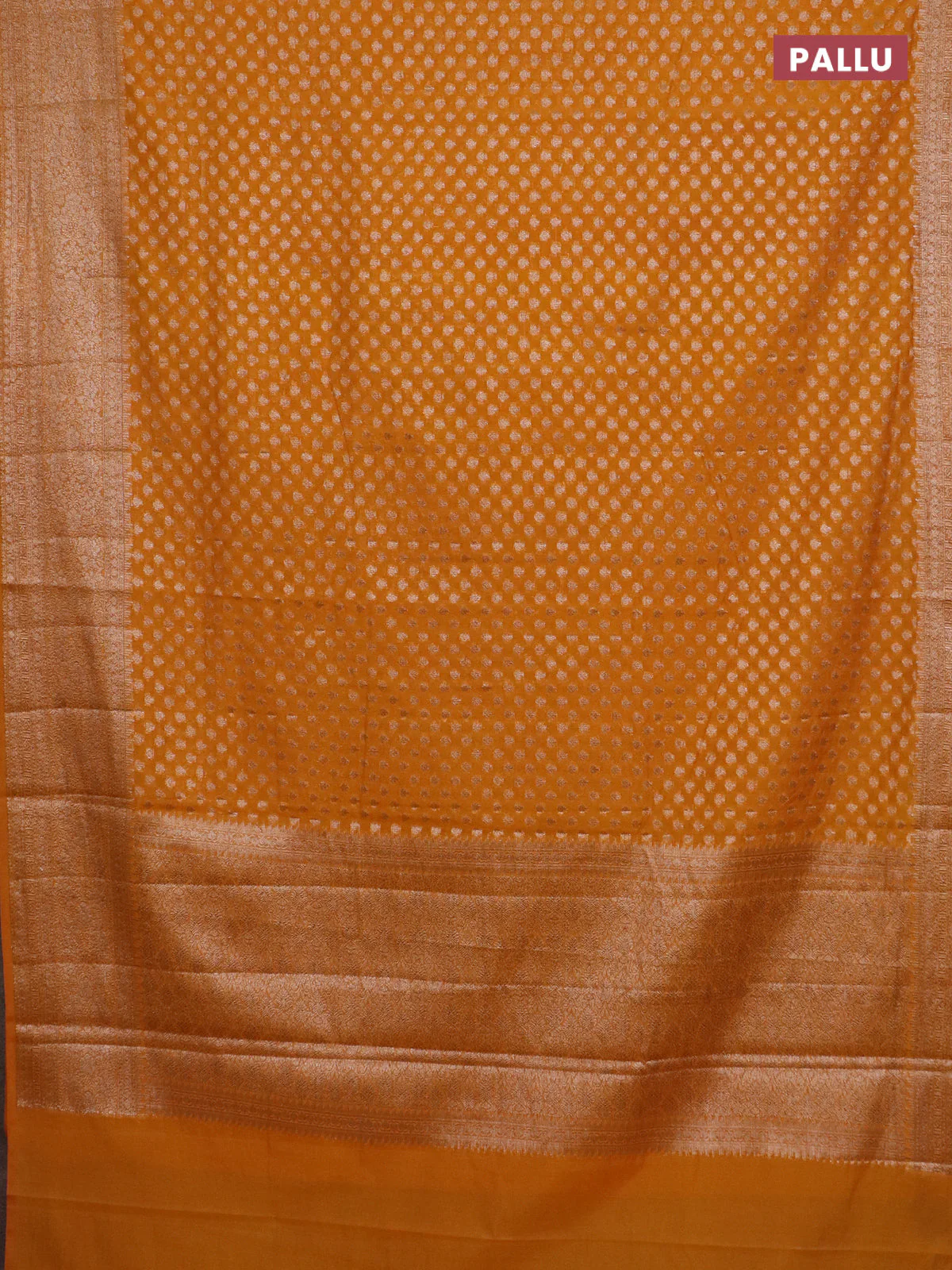 Banarasi semi chiniya saree mustard yellow with allover thread & zari woven buttas and woven border - Image 3