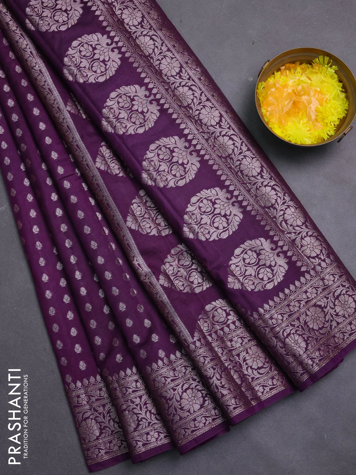 Banarasi semi chiniya saree purple with allover thread & zari woven buttas and woven border