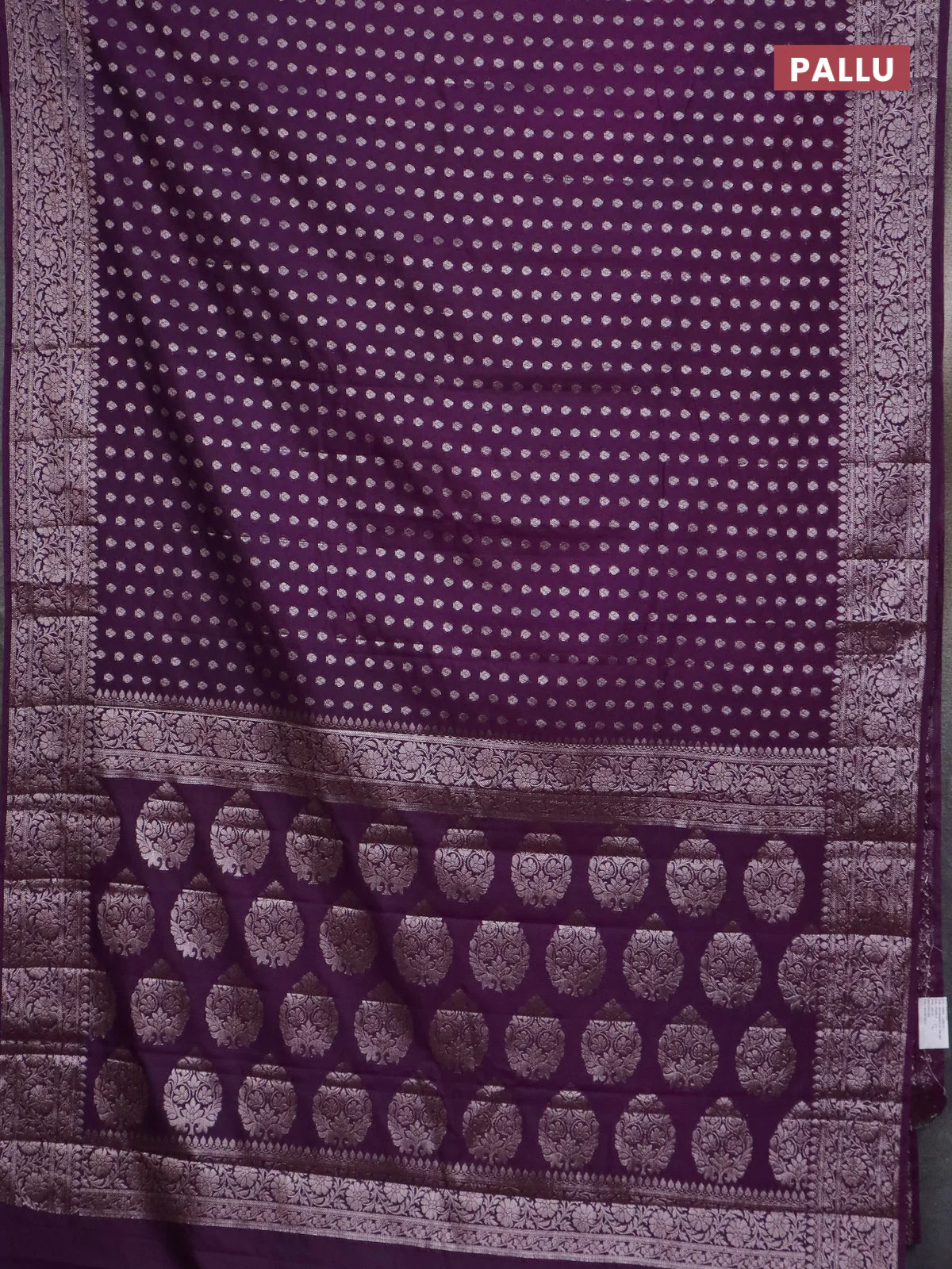 Banarasi semi chiniya saree purple with allover thread & zari woven buttas and woven border - Image 3