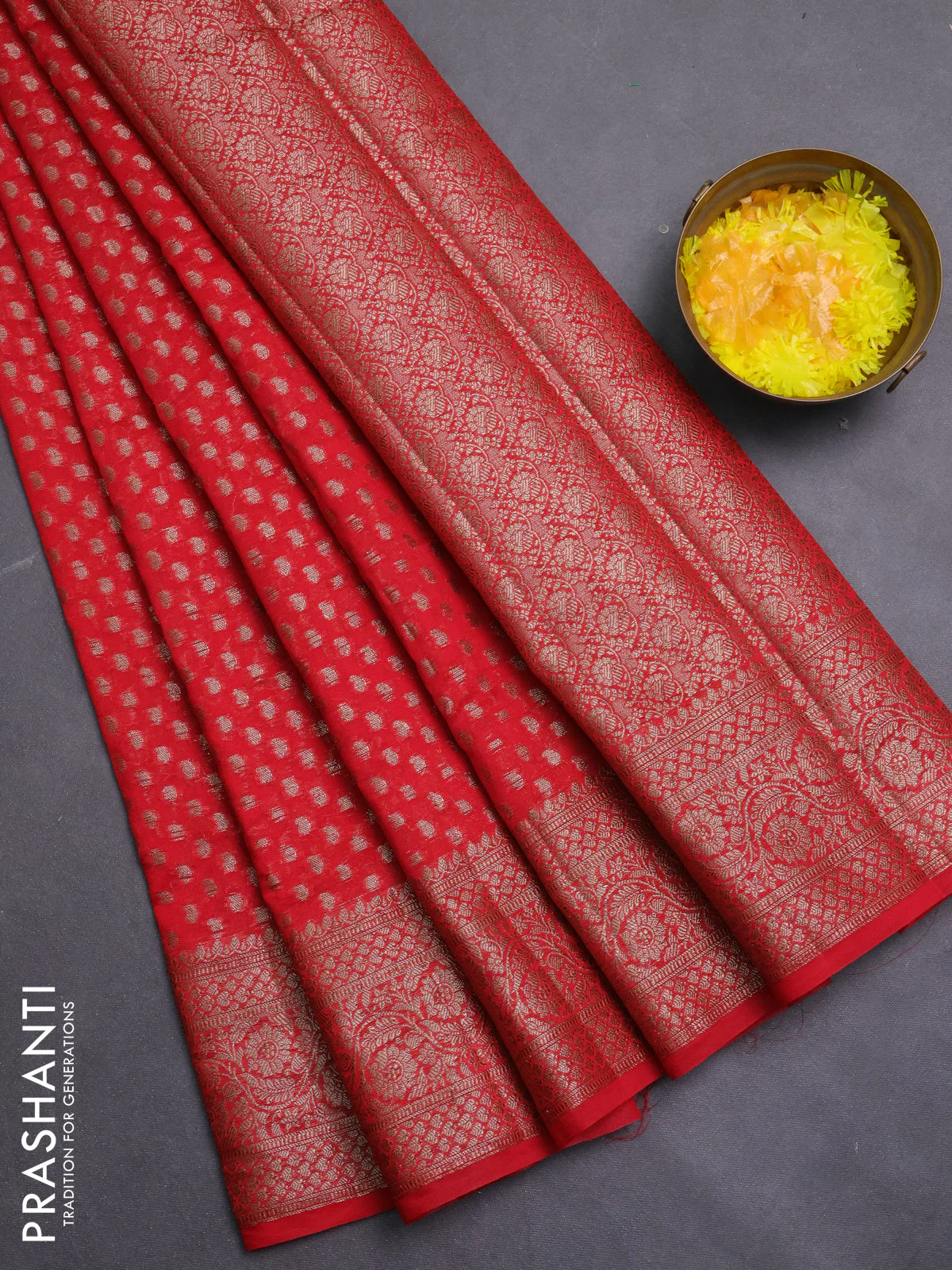 Banarasi semi chiniya saree red with allover thread & zari woven paisley buttas and woven border