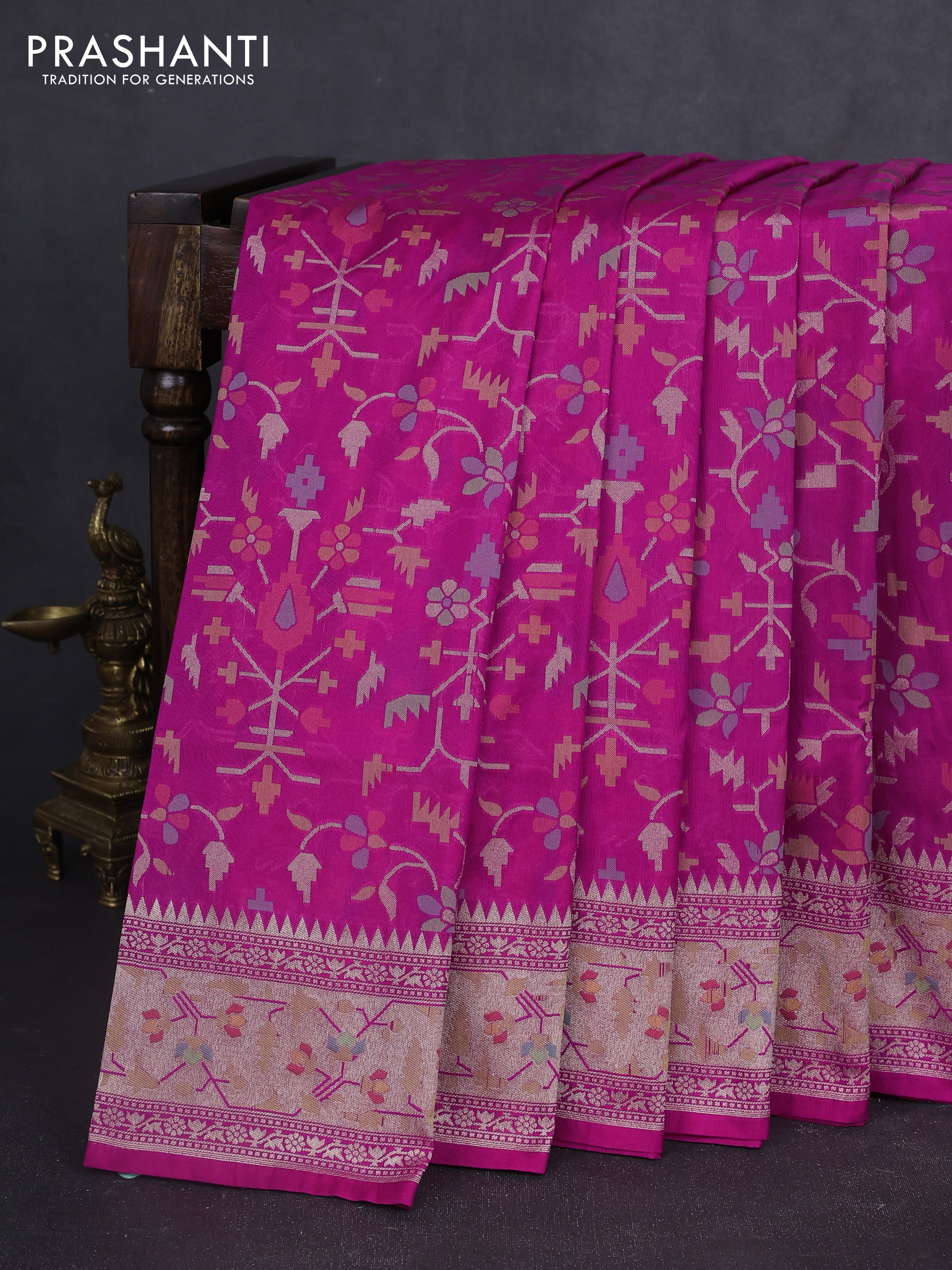 Banarasi semi katan silk saree purple shade with allover thread & zari jamdhani weaves and zari woven border