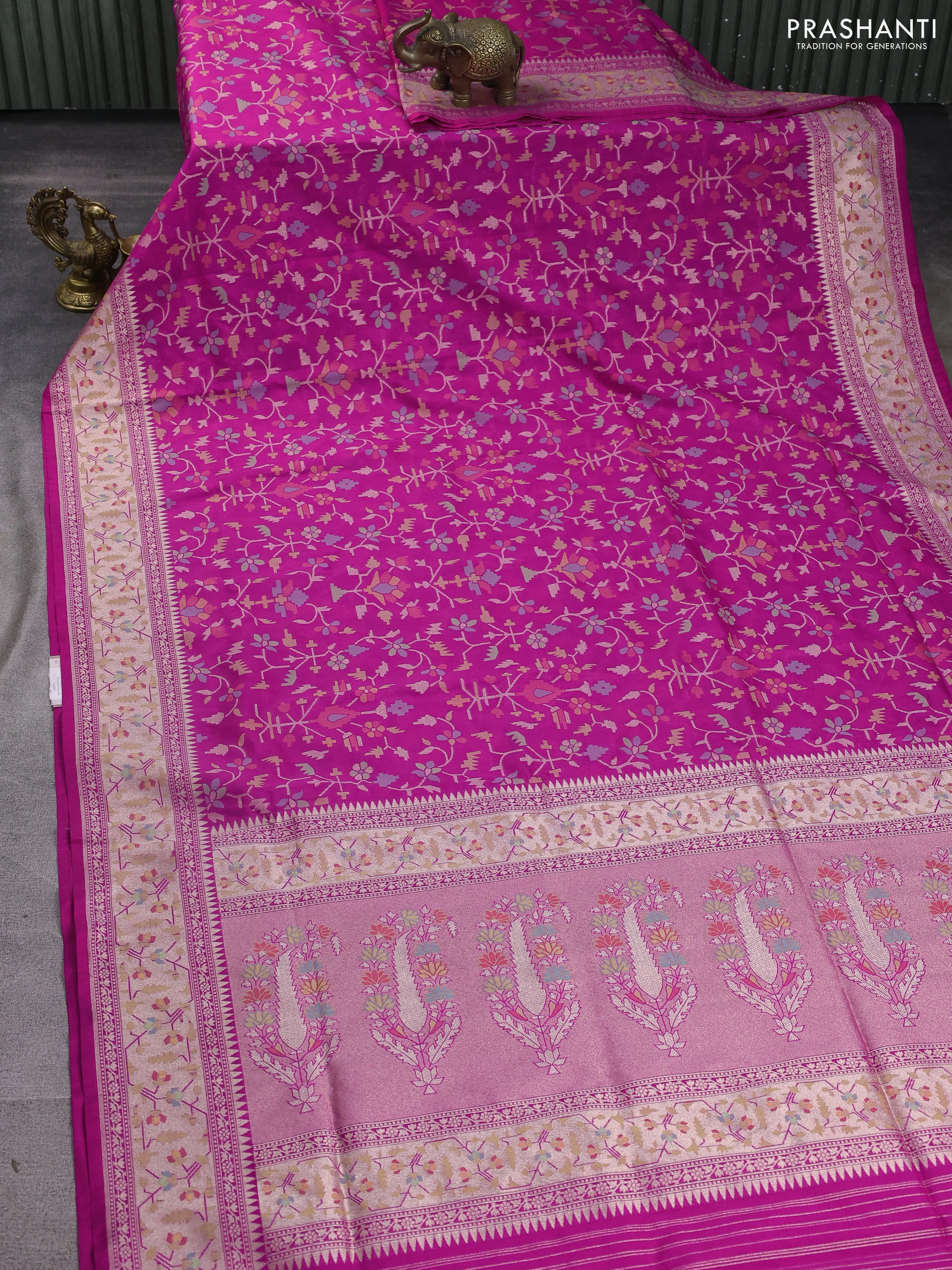 Banarasi semi katan silk saree purple shade with allover thread & zari jamdhani weaves and zari woven border - Image 2