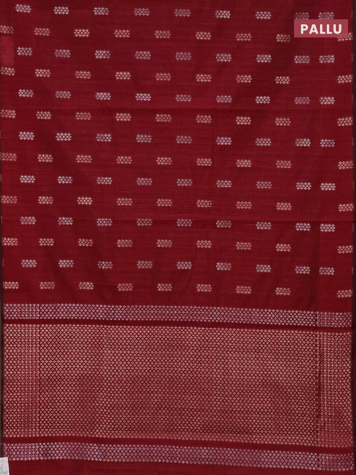 Banarasi semi matka saree maroon with silver & gold zari woven buttas in borderless style - Image 3