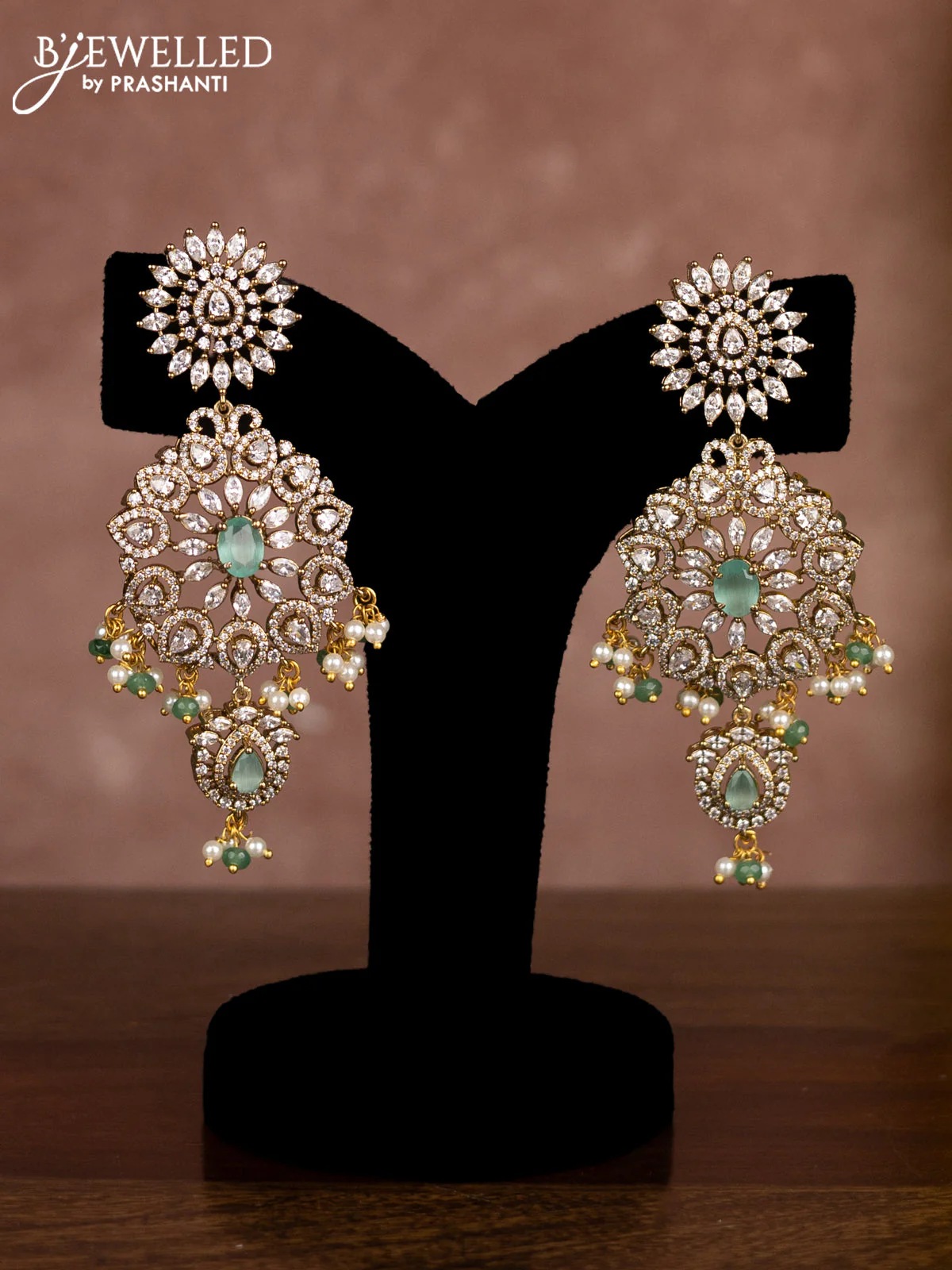 Beaded multilayer mint green necklace with cz stones and pearl & beads hangings in victorian finish - Image 2