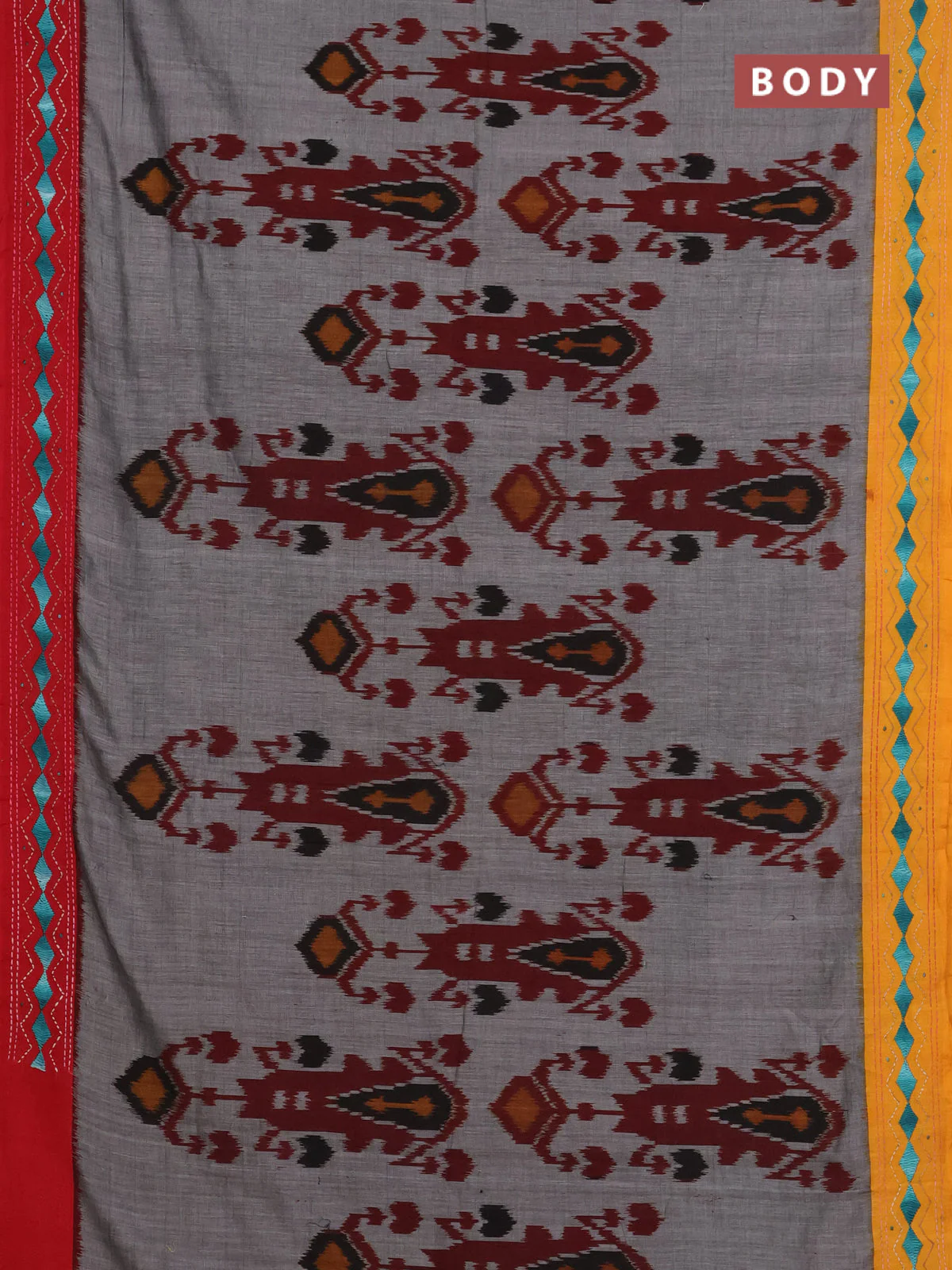 Ikat cotton saree grey with allover ikat weaves and ganga jamuna border - Image 2