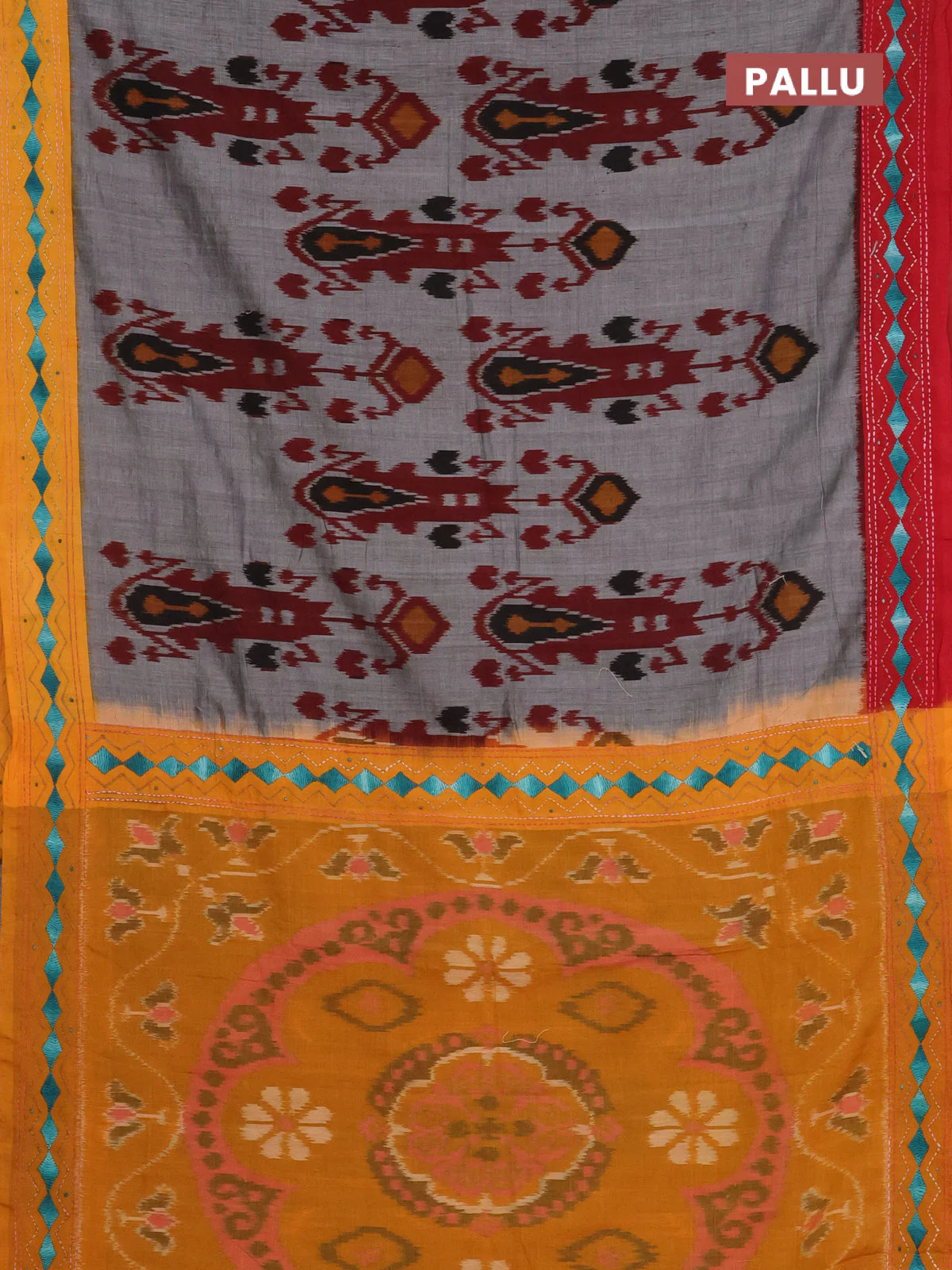 Ikat cotton saree grey with allover ikat weaves and ganga jamuna border - Image 3
