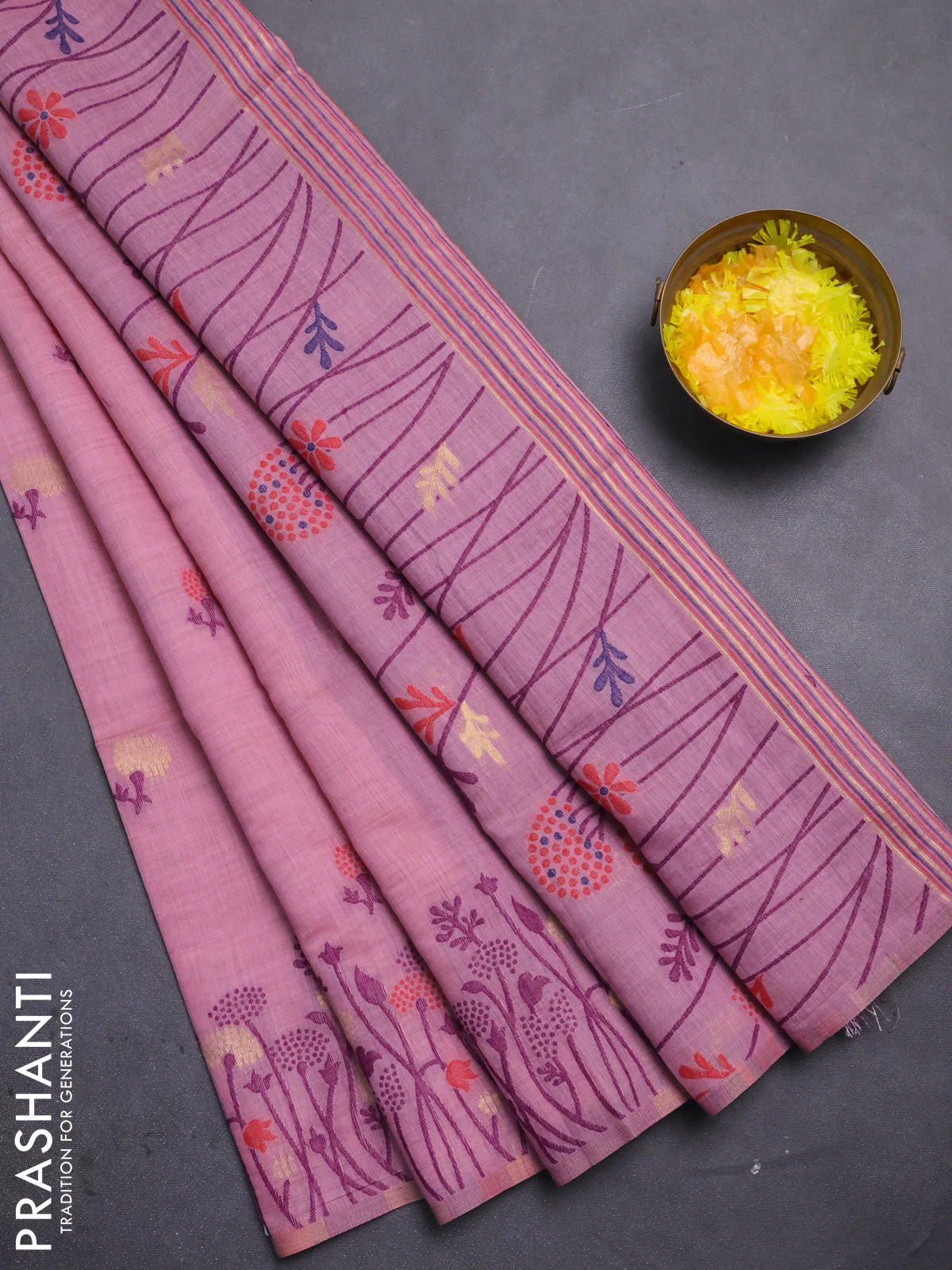 Jamdhani cotton saree pastel pink and purple with allover thread woven buttas and jamdhani pallu