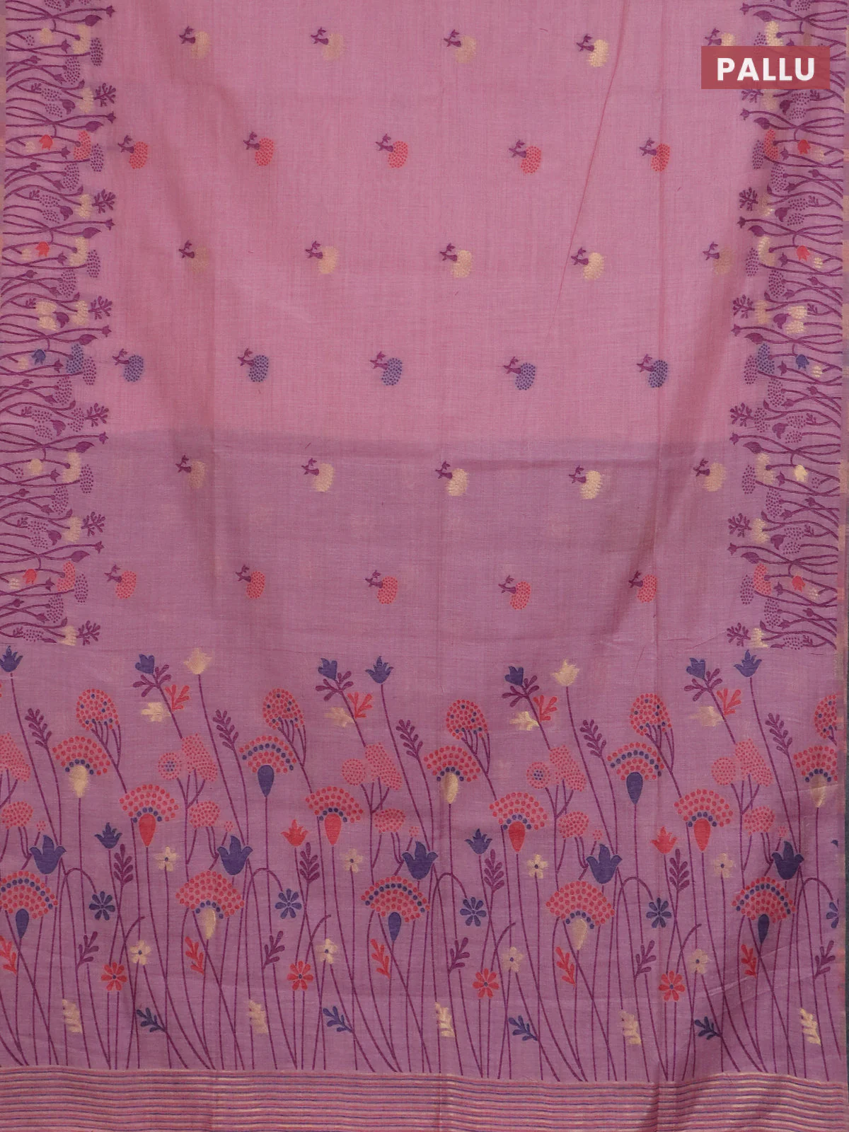 Jamdhani cotton saree pastel pink and purple with allover thread woven buttas and jamdhani pallu - Image 3