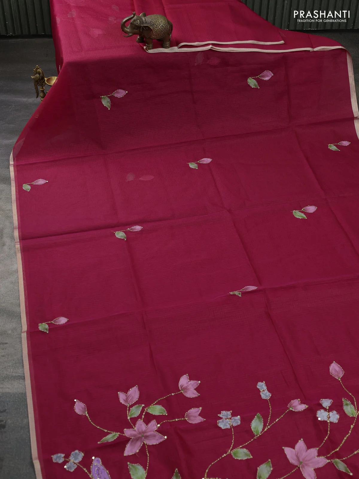 Kota saree pink with hand prints & kantha stitch work and zari woven piping border