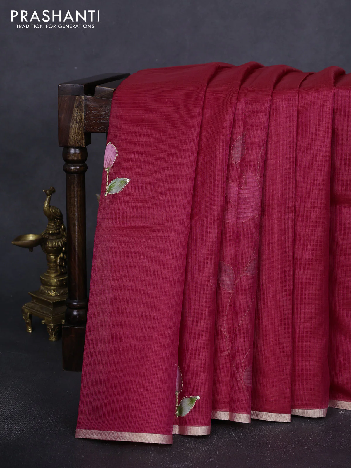Kota saree pink with hand prints & kantha stitch work and zari woven piping border - Image 2