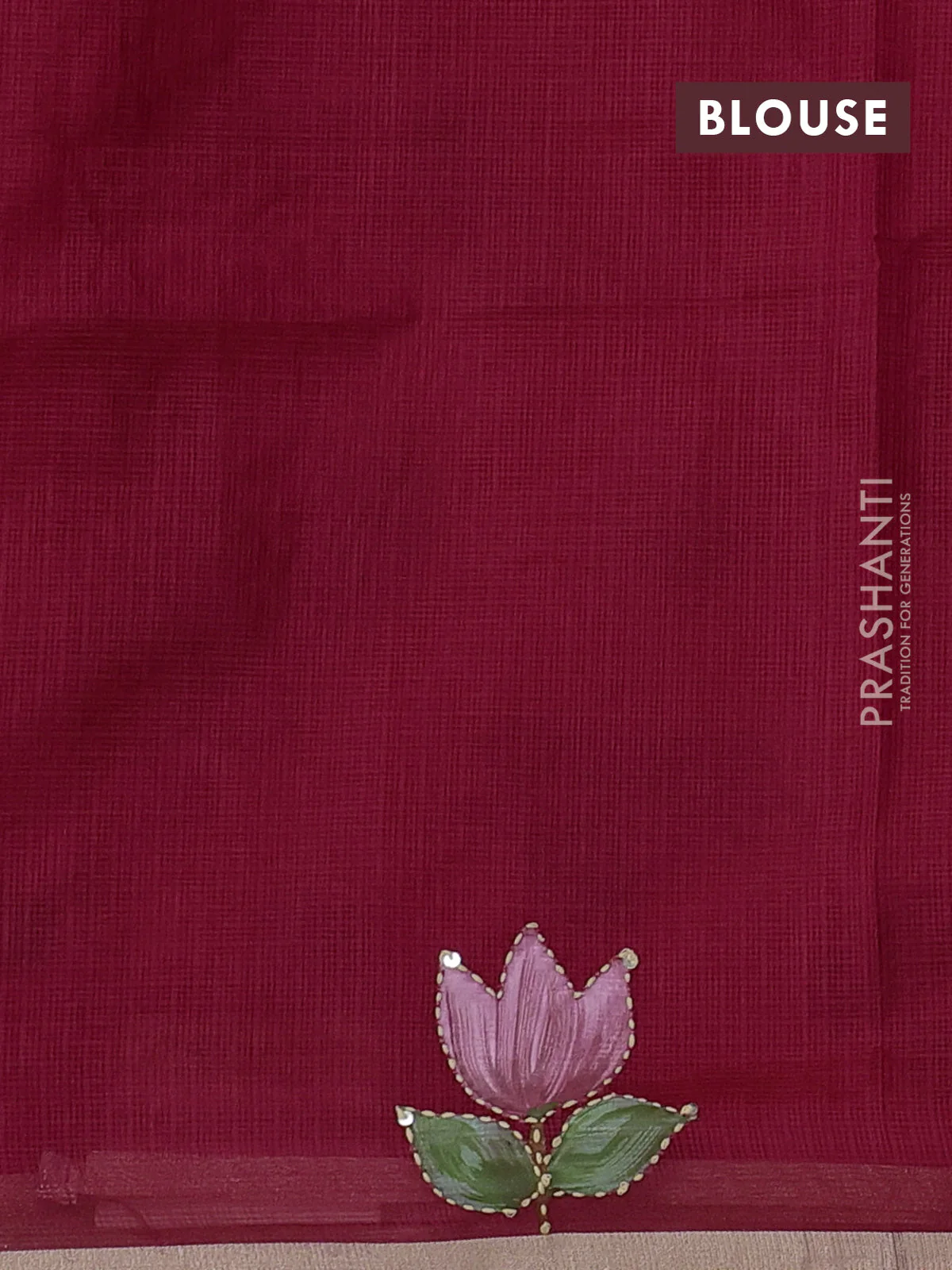 Kota saree pink with hand prints & kantha stitch work and zari woven piping border - Image 3