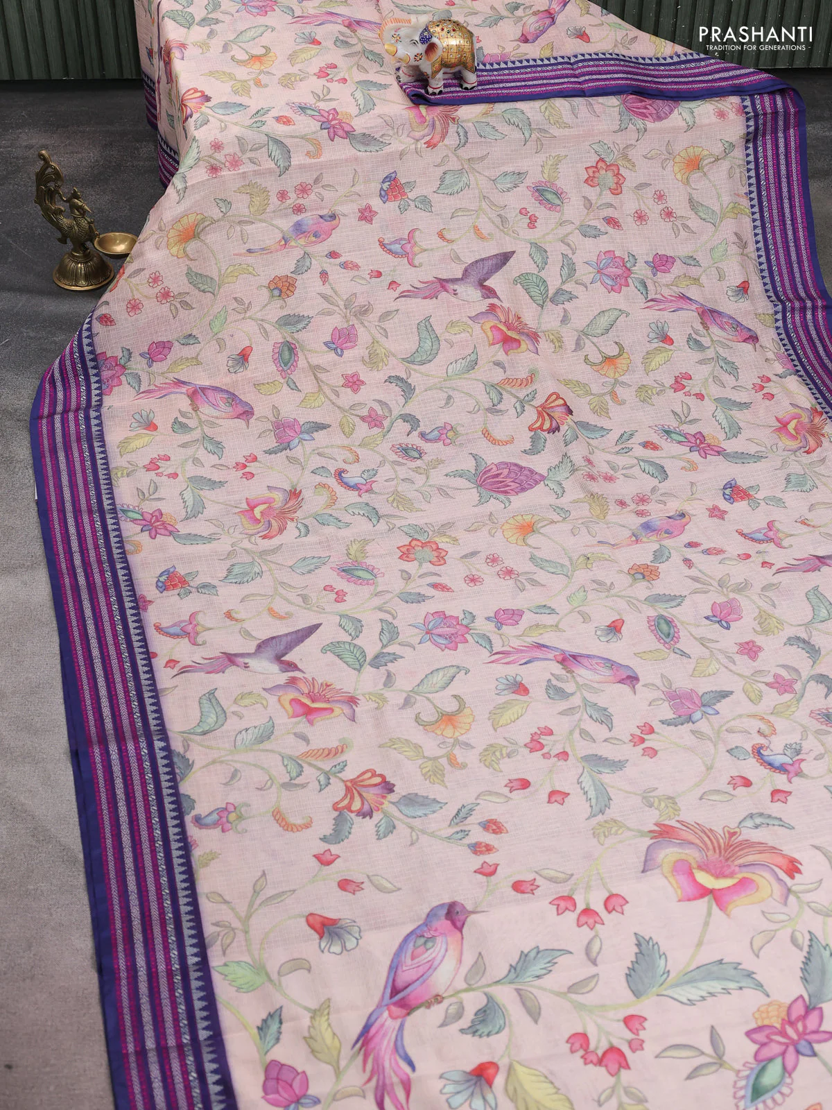 Kota silk cotton saree pastel peach and dark blue with allover digital prints and thread woven border - Image 2