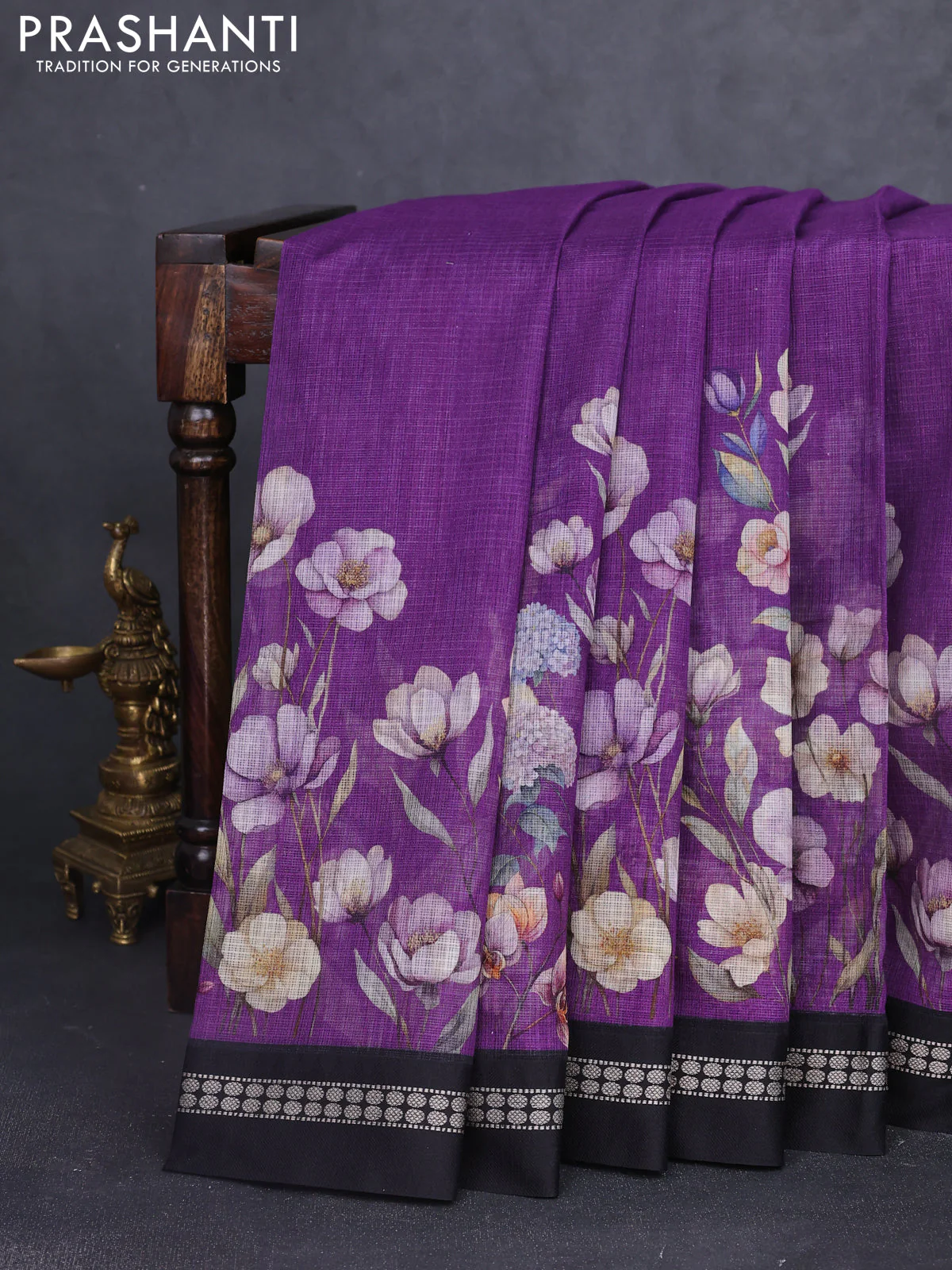 Kota silk cotton saree purple and black with floral digital prints and thread woven border