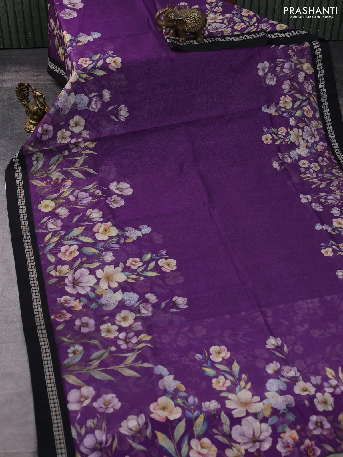 Kota silk cotton saree purple and black with floral digital prints and thread woven border - Image 2