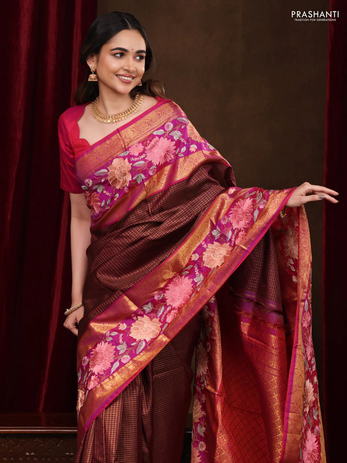 Maroon-Pink Pure Kanchipuram Silk Saree With Zari Checks & Border Embroidery - Image 2