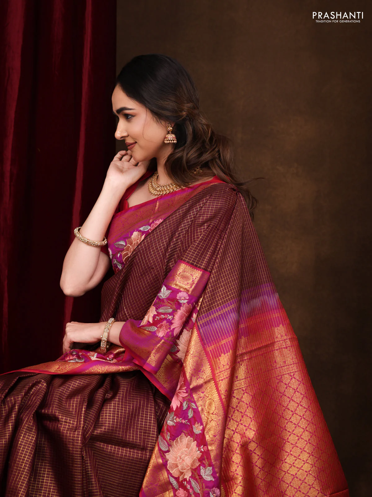 Maroon-Pink Pure Kanchipuram Silk Saree With Zari Checks & Border Embroidery - Image 3