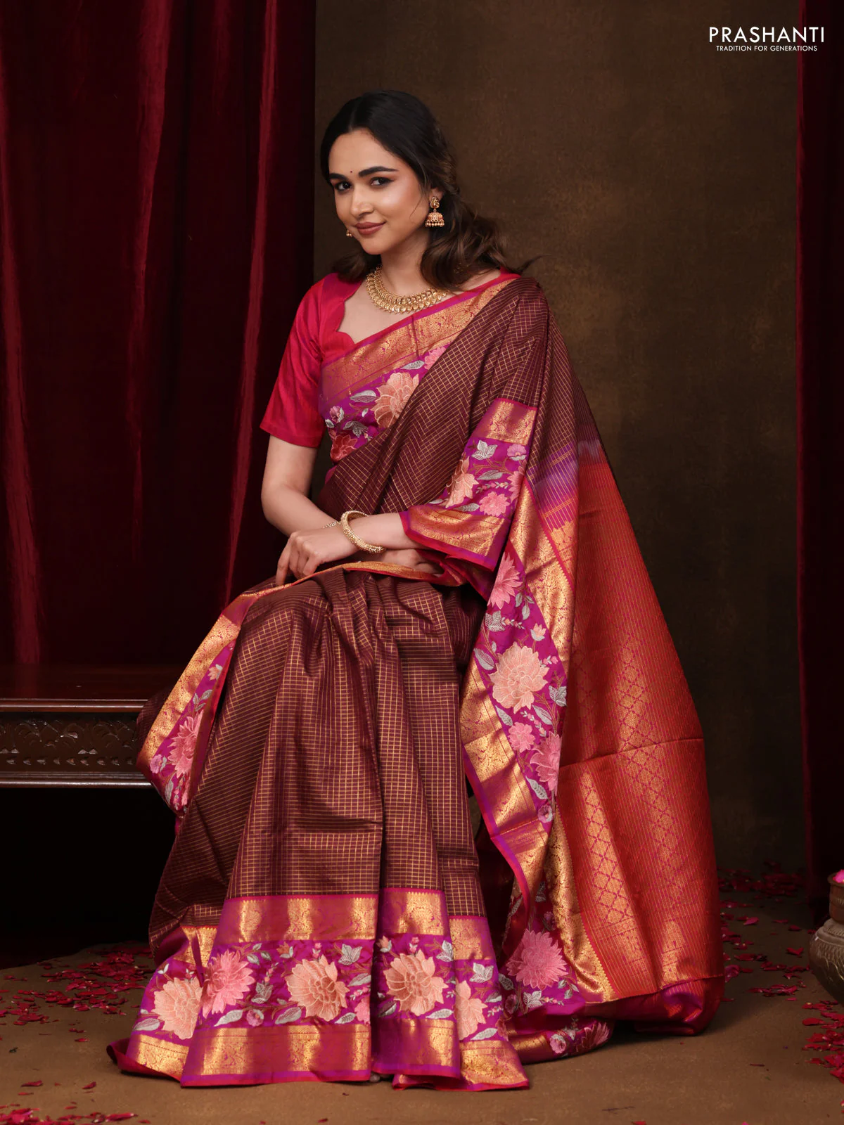 Maroon-Pink Pure Kanchipuram Silk Saree With Zari Checks & Border Embroidery - Image 4