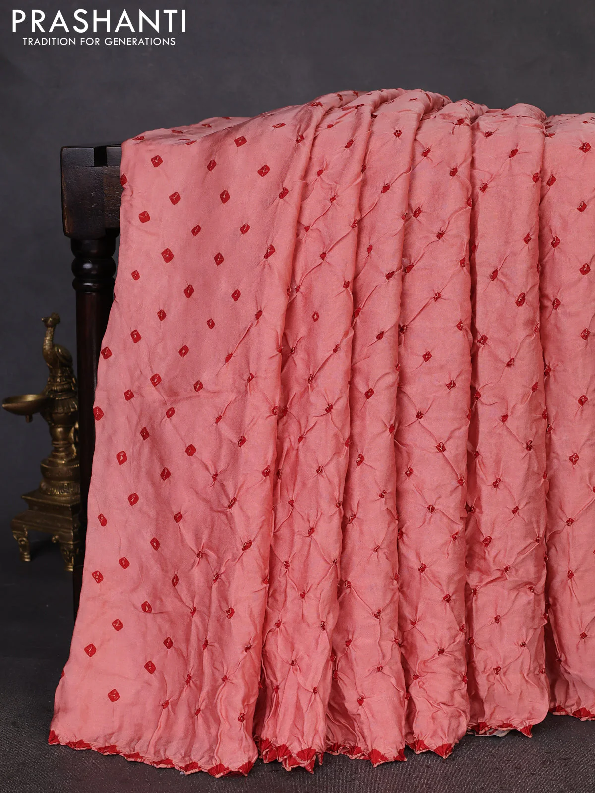 Modal silk saree peach orange and maroon with allover bandhani butta prints and ajrakh printed pallu & Blouse - Image 2