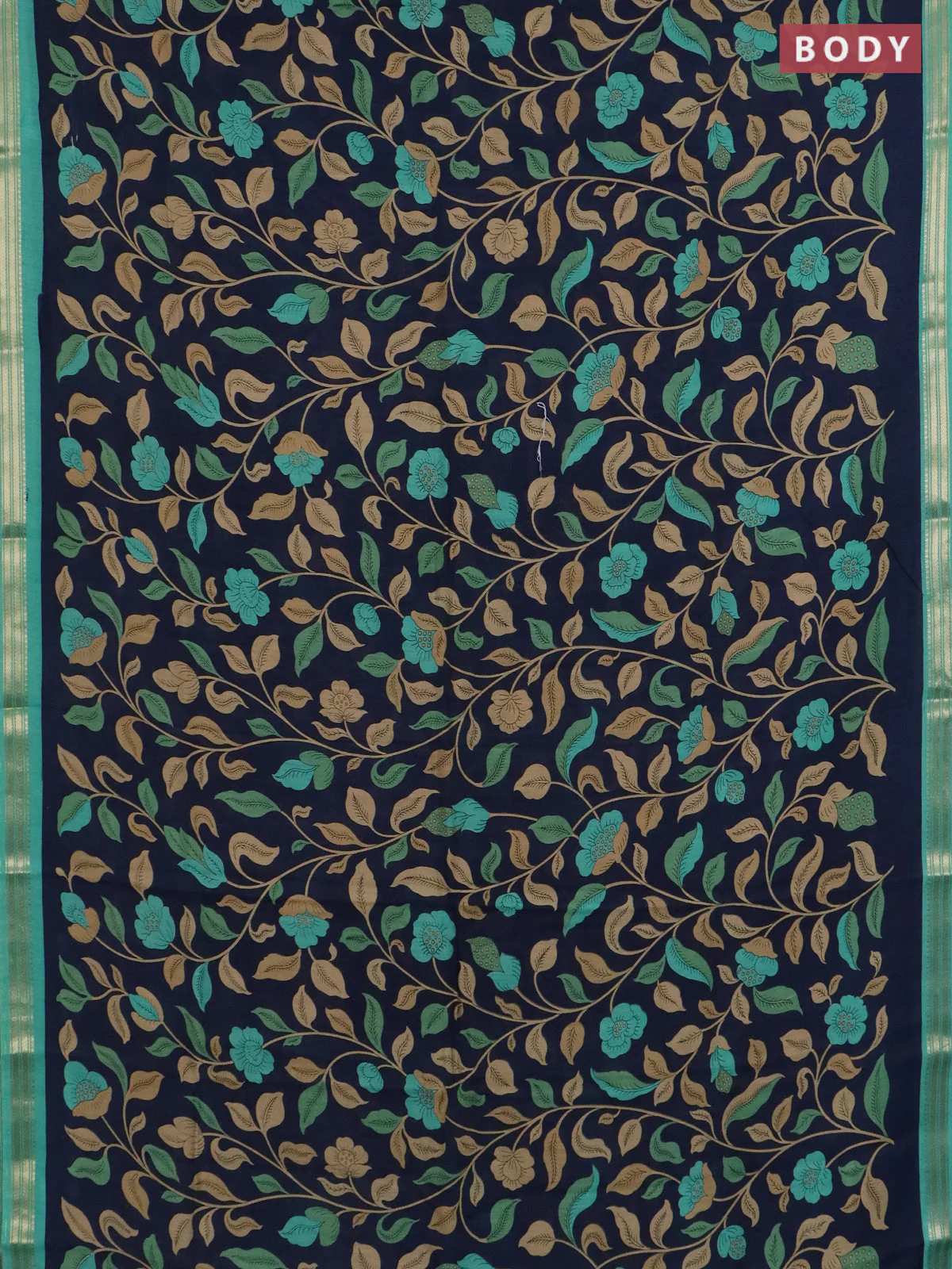 Muslin silk saree navy blue and teal green with allover prints and zari woven border - Image 2
