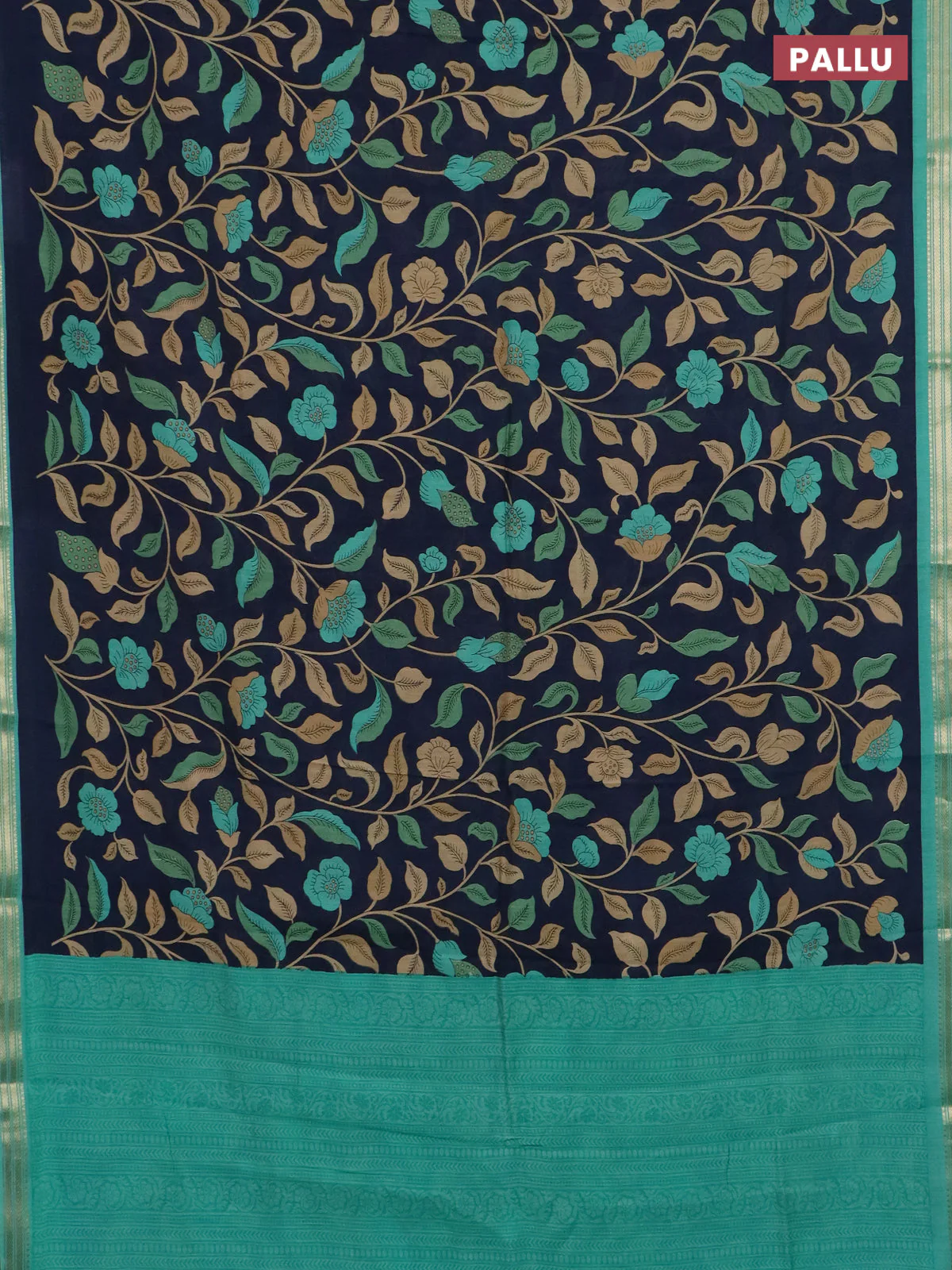 Muslin silk saree navy blue and teal green with allover prints and zari woven border - Image 3