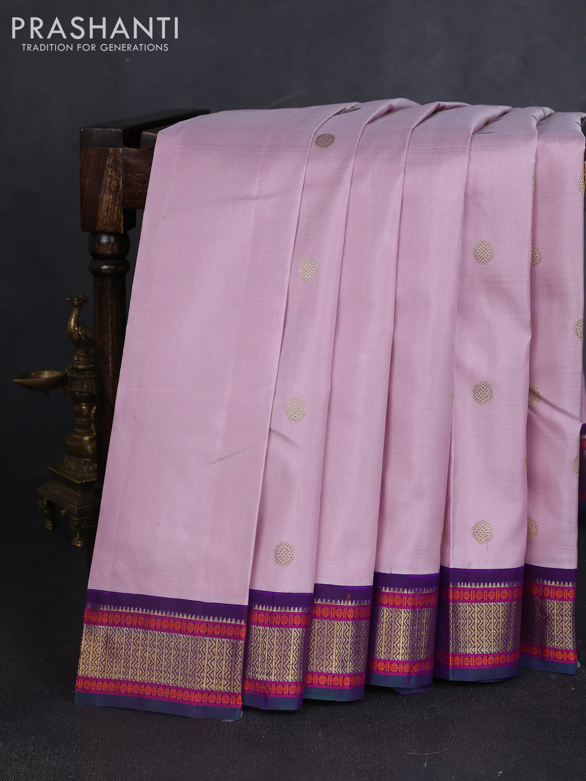 Pure kanchipuram silk saree pastel pink and violet with zari woven buttas and zari woven korvai border