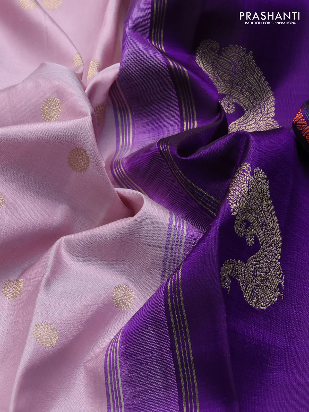 Pure kanchipuram silk saree pastel pink and violet with zari woven buttas and zari woven korvai border - Image 3