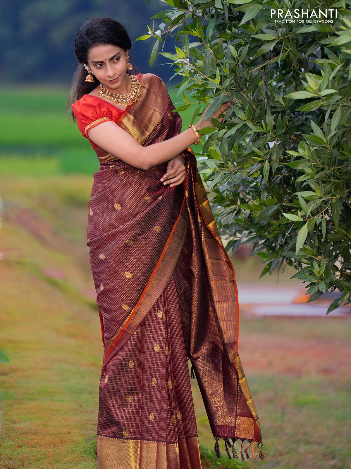 Re - Pure kanjivaram silk saree deep maroon and orange with allover small zari checks & peacock buttas and rich zari woven bavanji border- Pre Order - Image 3