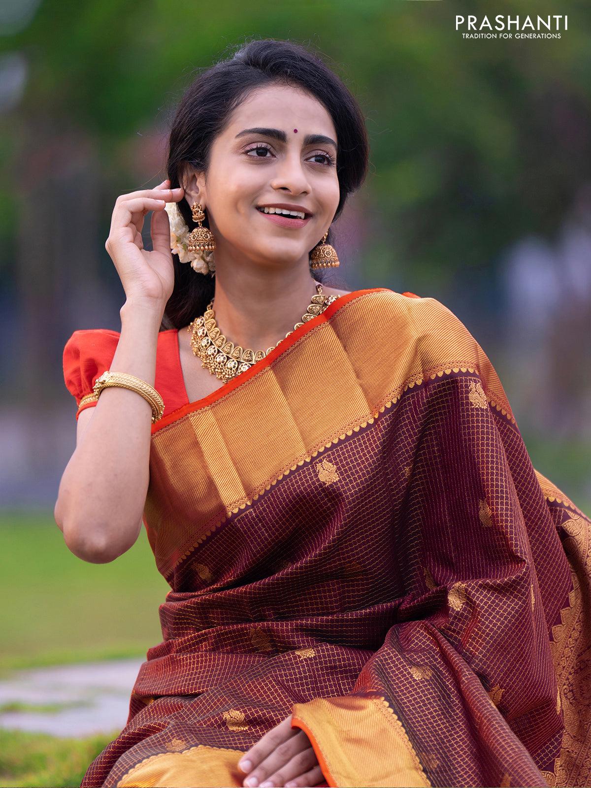 Re - Pure kanjivaram silk saree deep maroon and orange with allover small zari checks & peacock buttas and rich zari woven bavanji border- Pre Order - Image 6