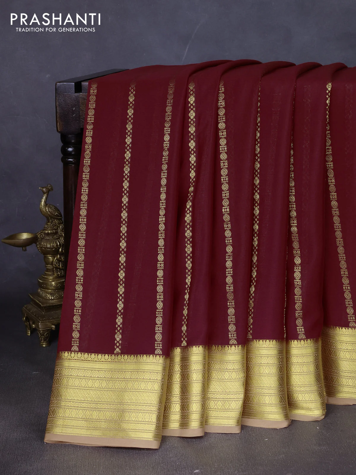 Pure mysore silk saree maroon and sandal with allover zari stripes pattern and zari woven border