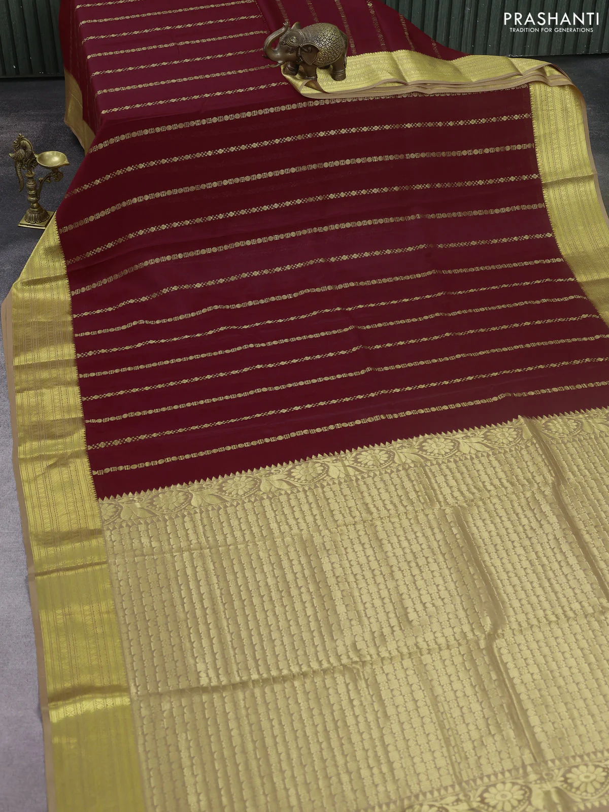 Pure mysore silk saree maroon and sandal with allover zari stripes pattern and zari woven border - Image 2