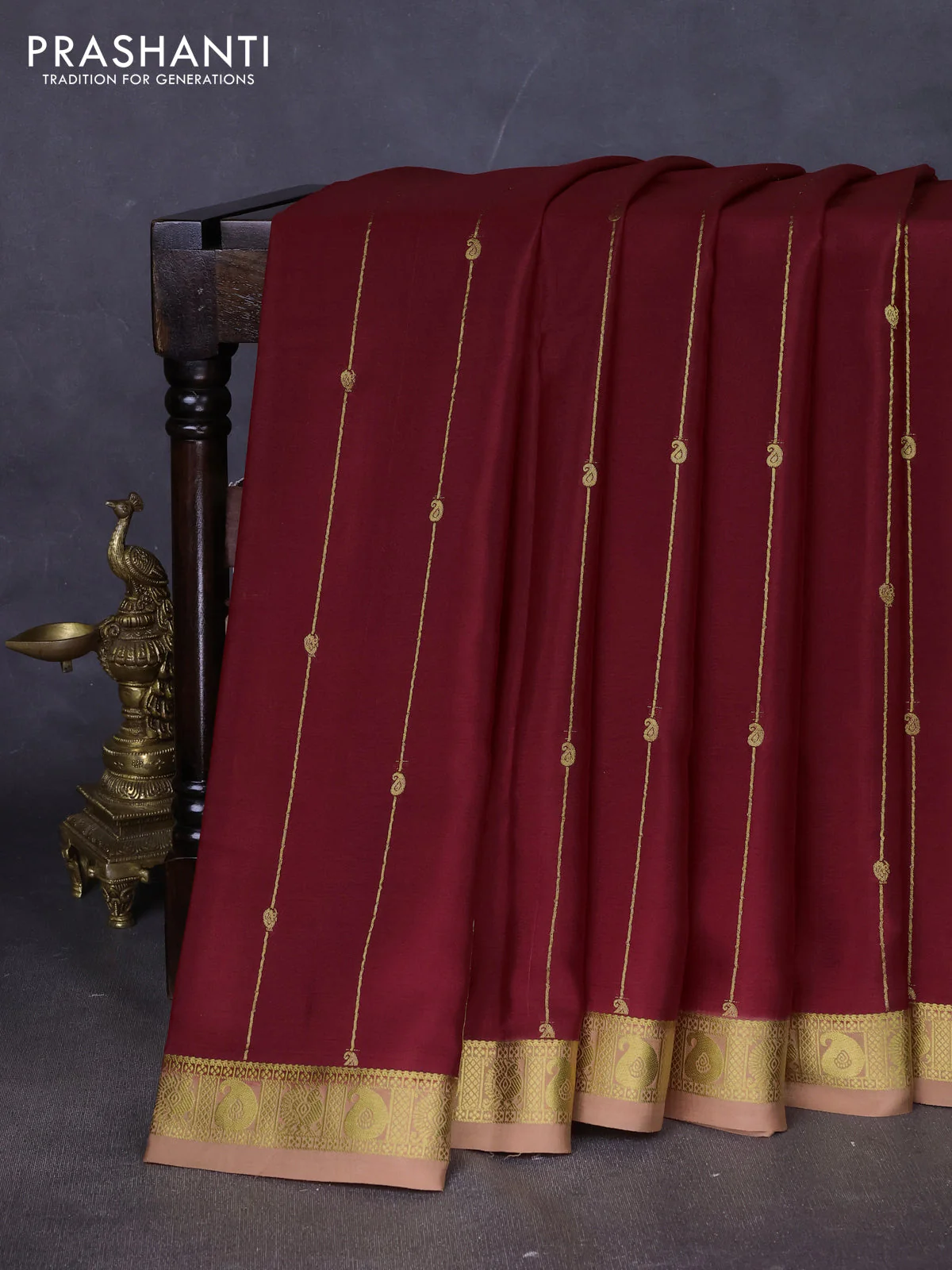 Pure mysore silk saree maroon and sandal with allover zari stripes pattern & buttas and zari woven border