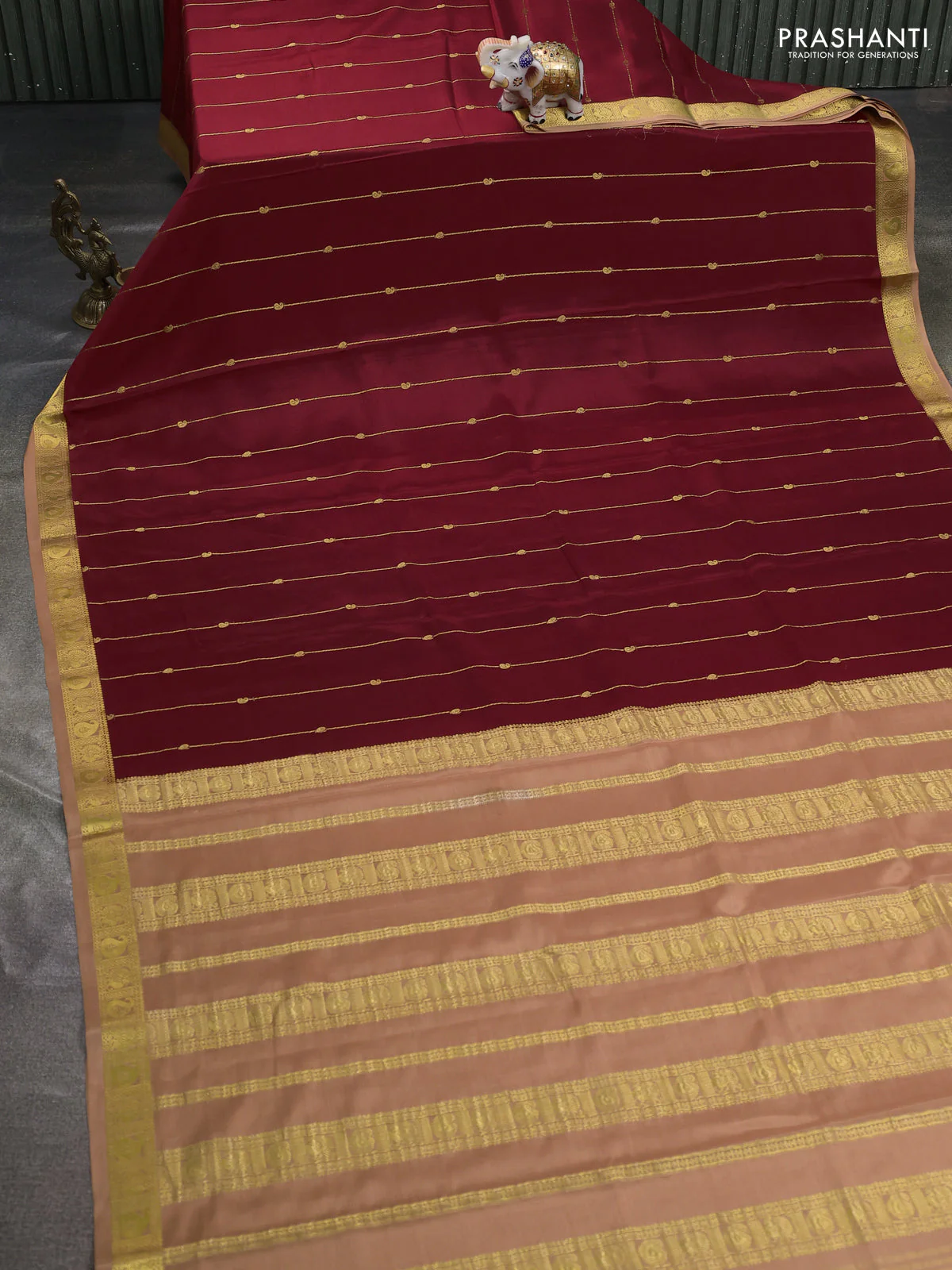Pure mysore silk saree maroon and sandal with allover zari stripes pattern & buttas and zari woven border - Image 2