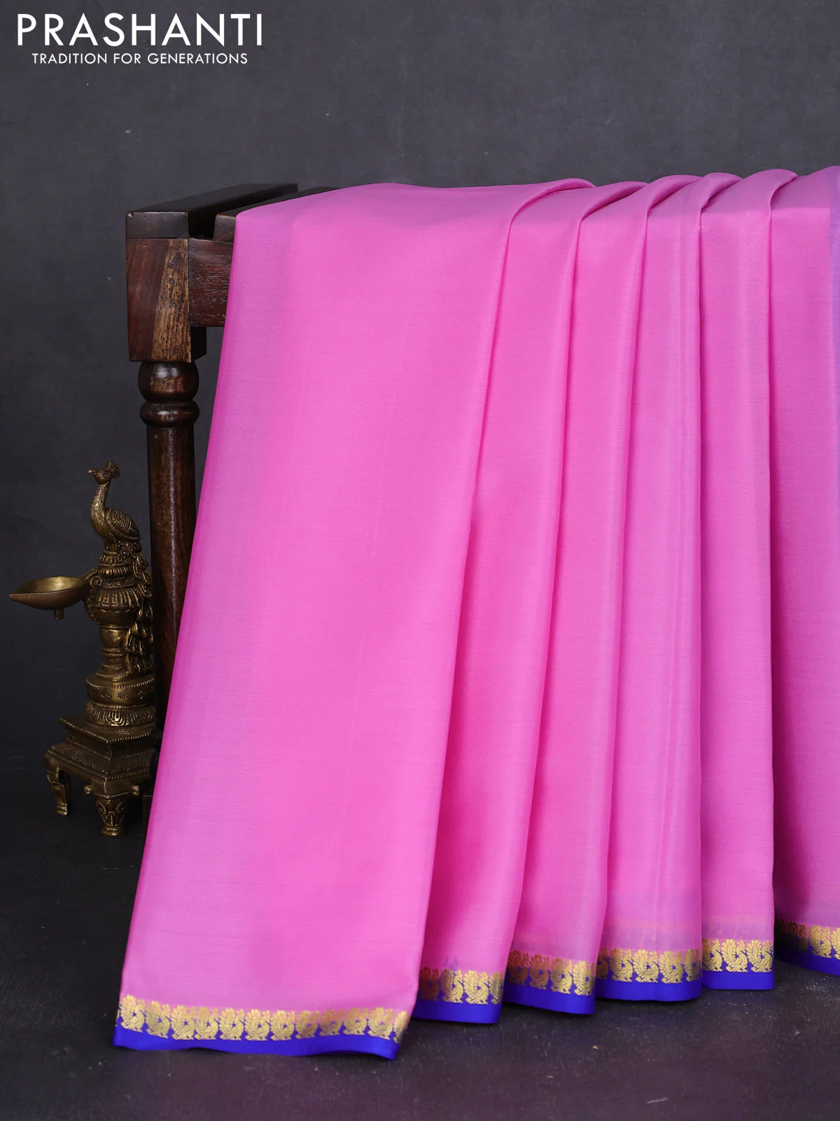 Pure mysore silk saree peach pink and blue with plain body and annam zari woven border