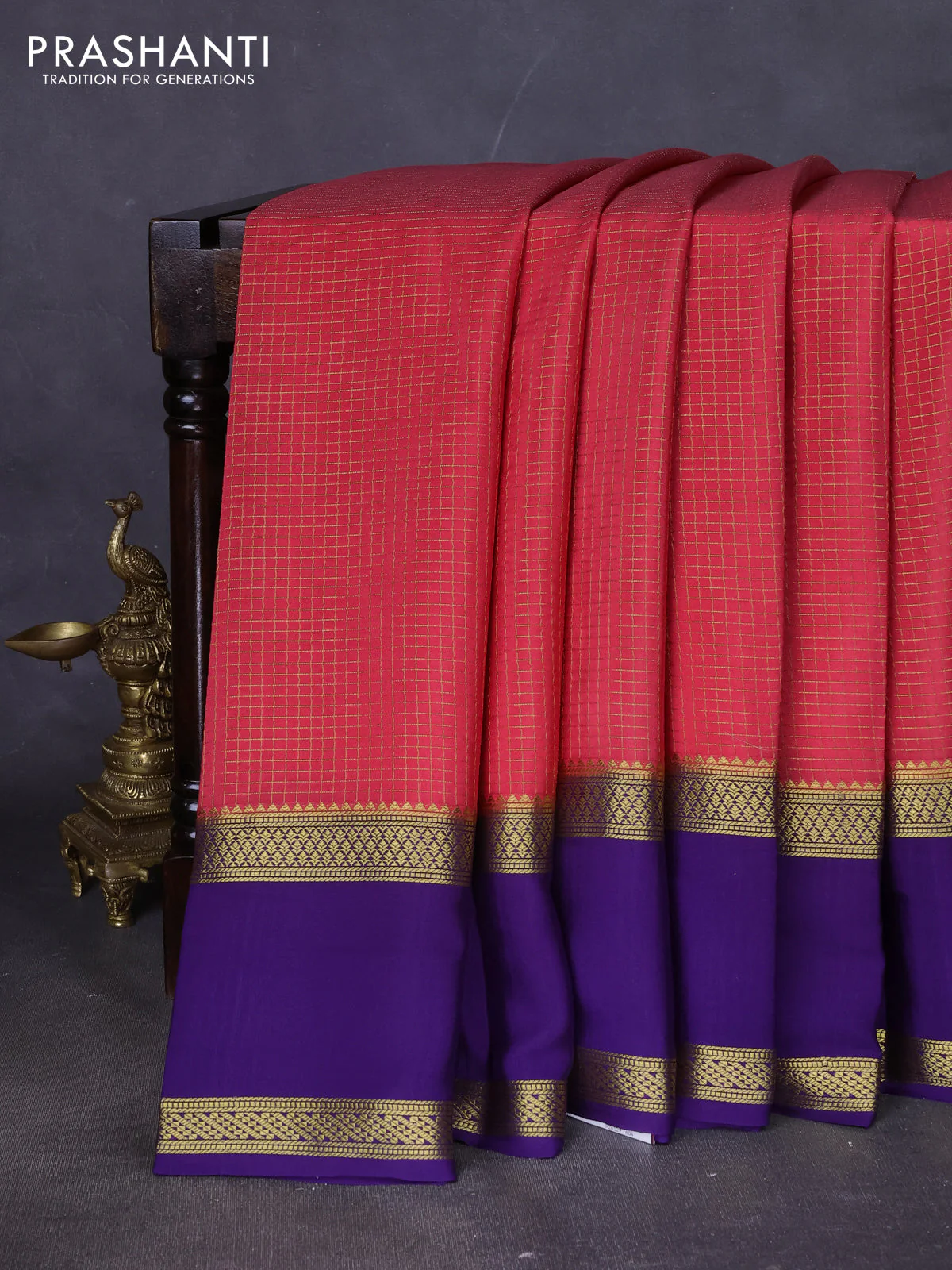 Pure mysore silk saree peach shade and violet with allover zari woven checked pattern and rettapet zari woven border
