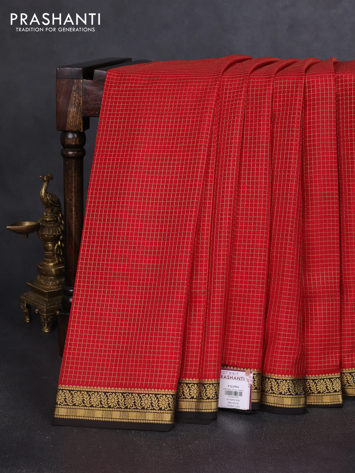 Pure mysore silk saree red and coffee brown with allover zari woven checked pattern and zari woven border