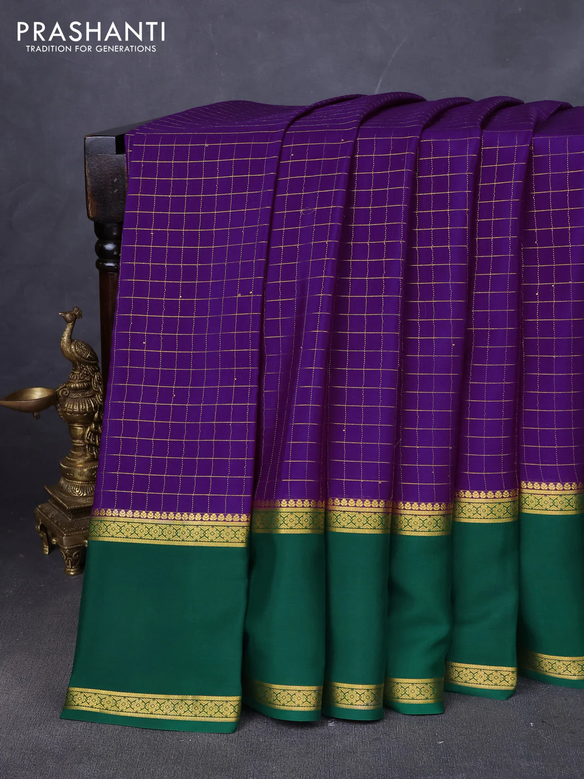 Pure mysore silk saree violet and green with allover zari woven checked pattern and rettapet zari woven border