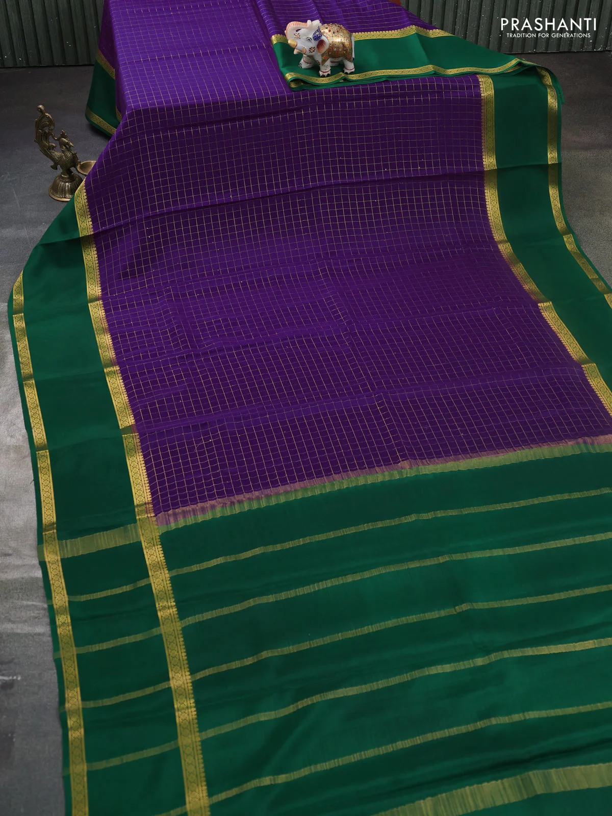 Pure mysore silk saree violet and green with allover zari woven checked pattern and rettapet zari woven border - Image 2