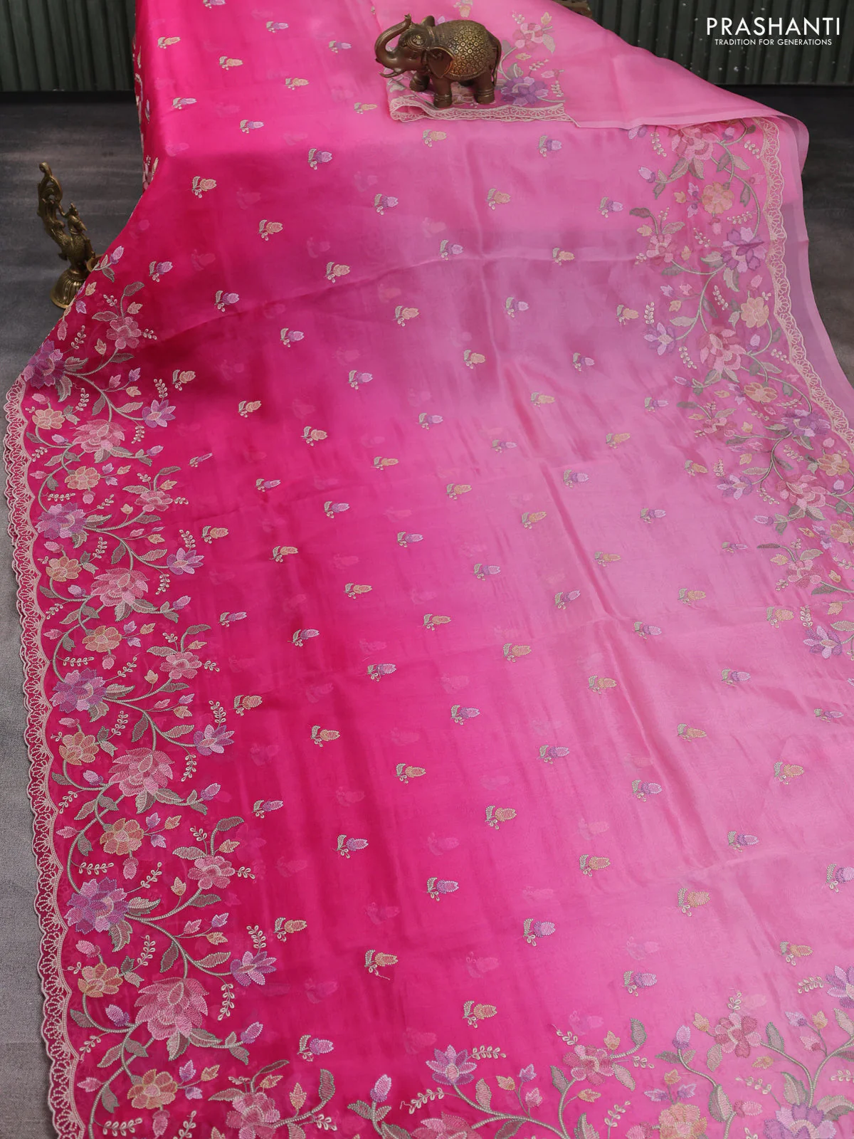 Pure organza silk saree pink with allover embroidery buttas and floral embroidery border - Image 2