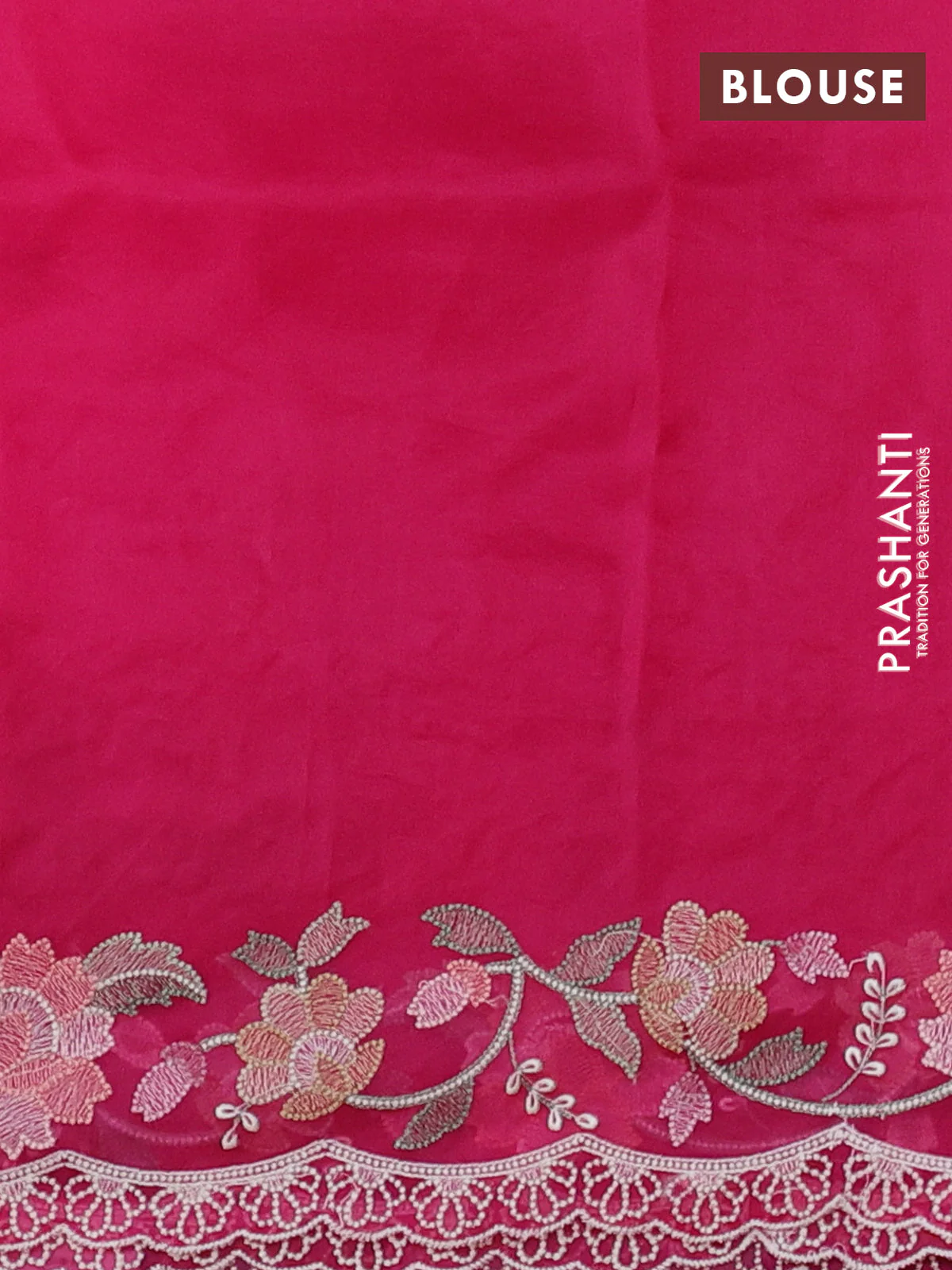 Pure organza silk saree pink with allover embroidery buttas and floral embroidery border - Image 3