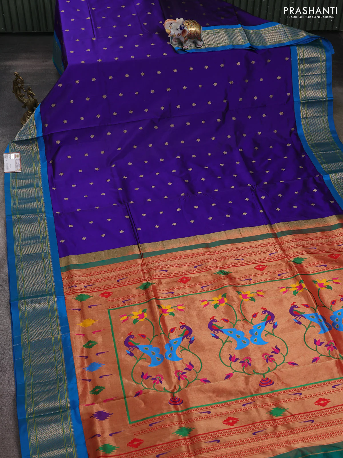 Pure paithani silk saree blue and cs blue with allover zari woven buttas and paithani weaving pallu - Image 2