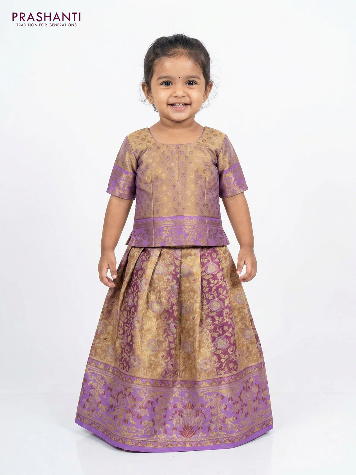 Pure silk tissue unstitched kids lehenga dual shade of golden purple and lavender with allover silver zari woven brocade weaves and rich zari woven border - Image 2