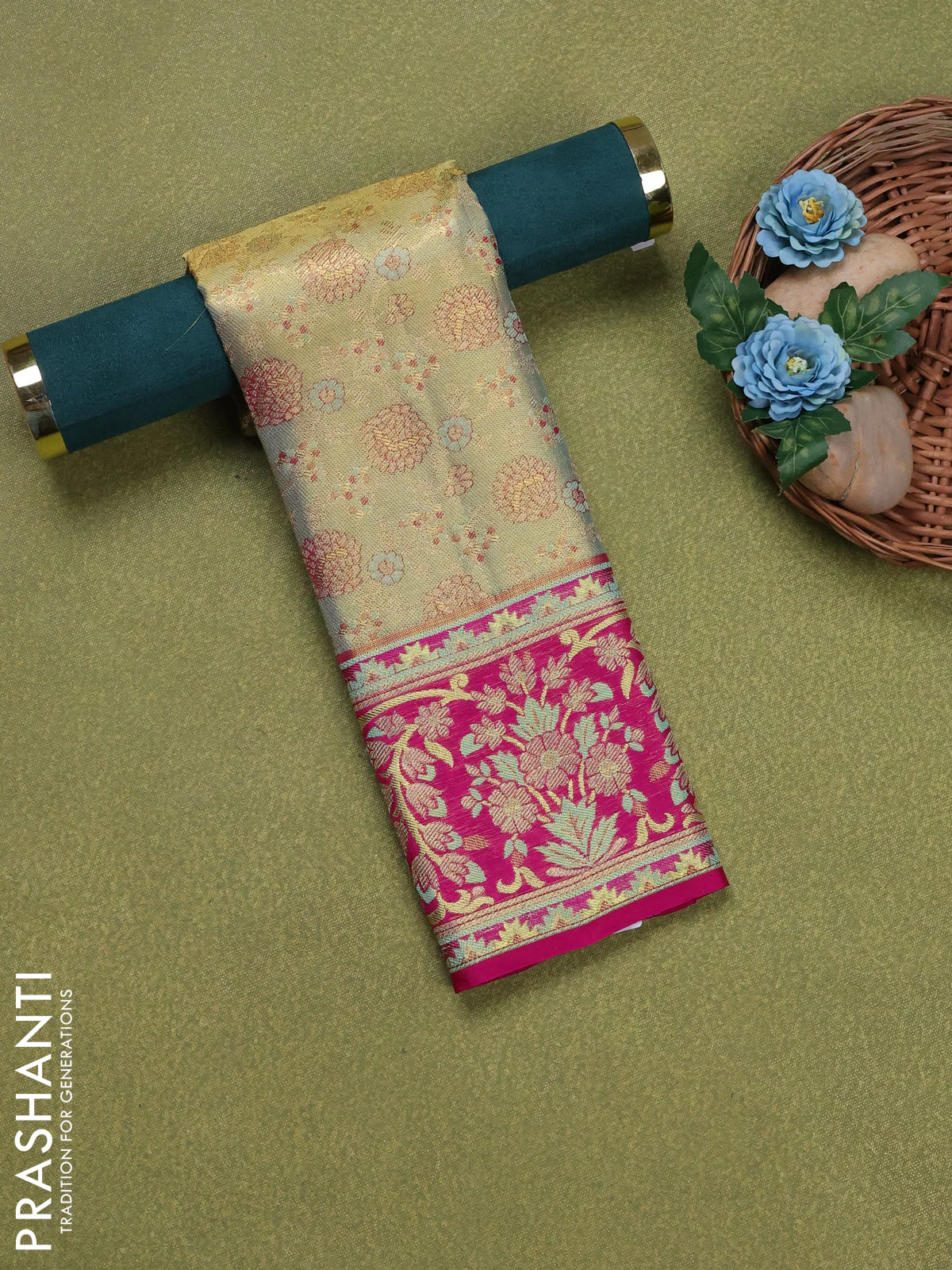 Pure silk tissue unstitched kids lehenga dual shade of pastel green and magenta pink with allover zari woven brocade weaves and rich zari woven border