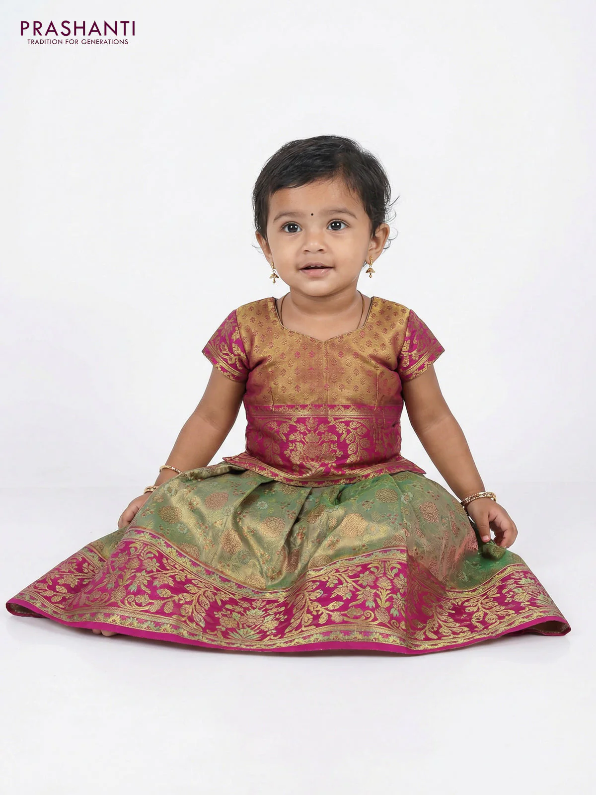 Pure silk tissue unstitched kids lehenga dual shade of pastel green and magenta pink with allover zari woven brocade weaves and rich zari woven border - Image 2