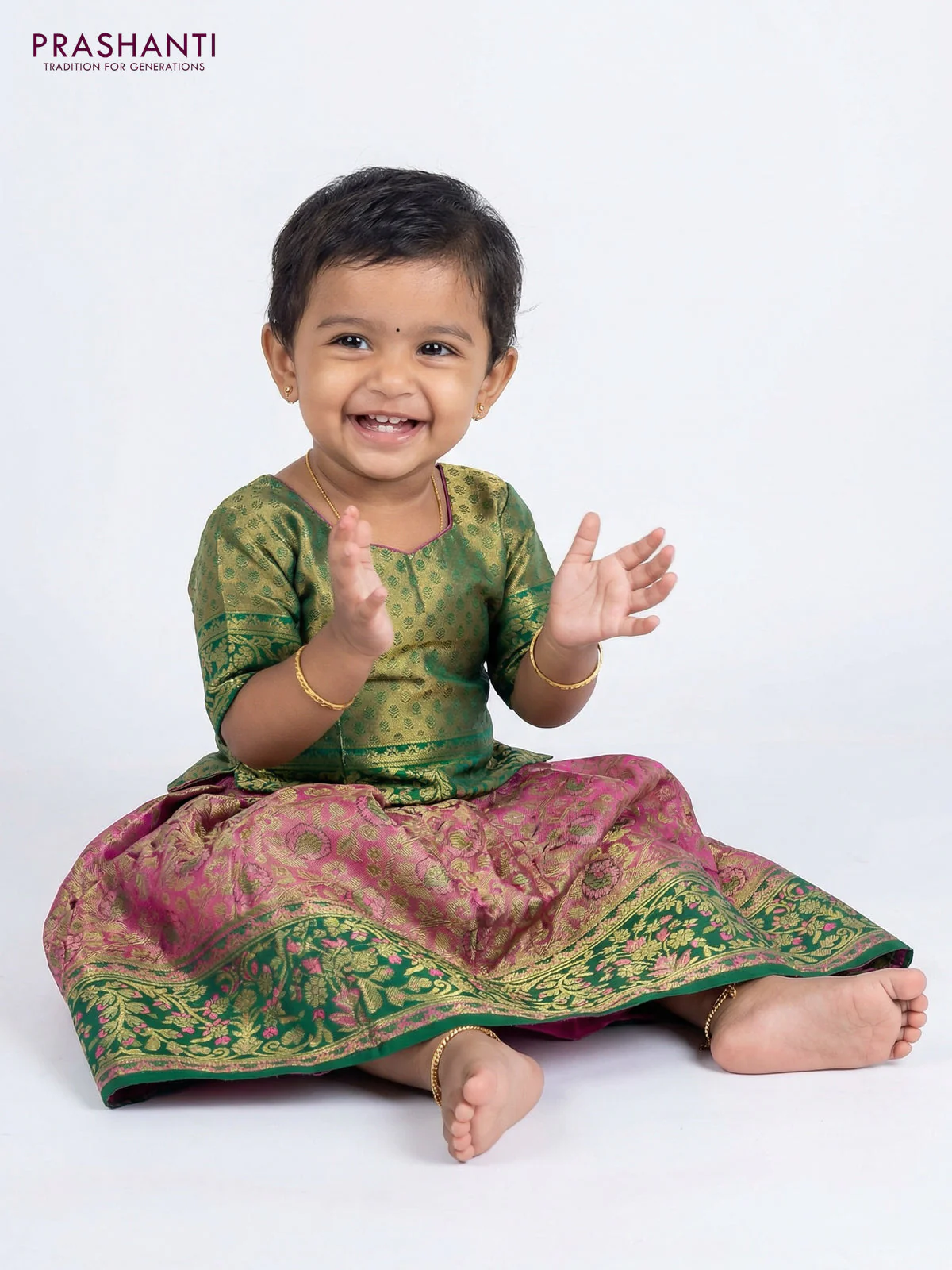 Pure silk tissue unstitched kids lehenga dual shade of pink and green with allover zari woven floral brocade weaves and rich zari woven border - Image 2
